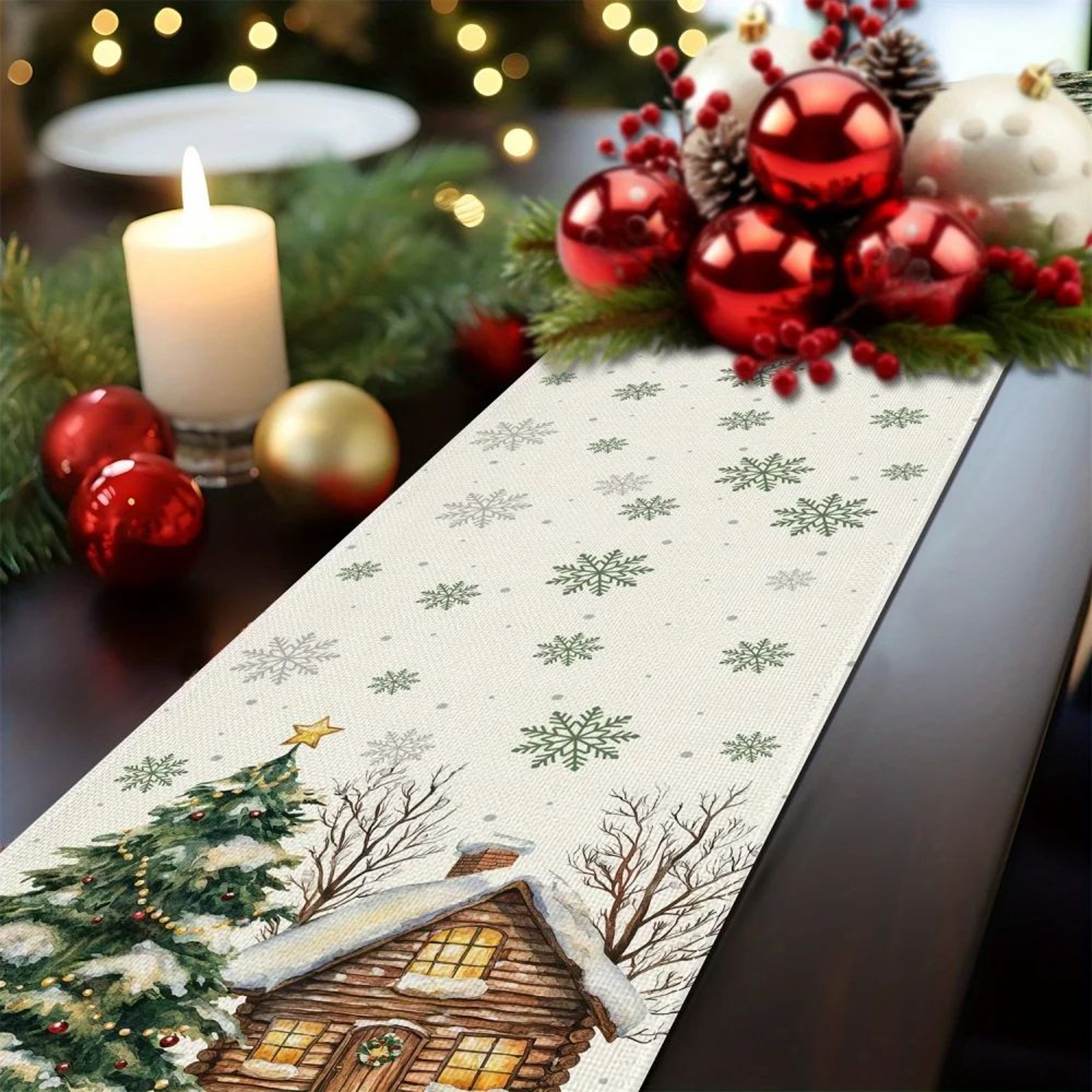 Forest Snow Cabin Christmas Table Runner 1