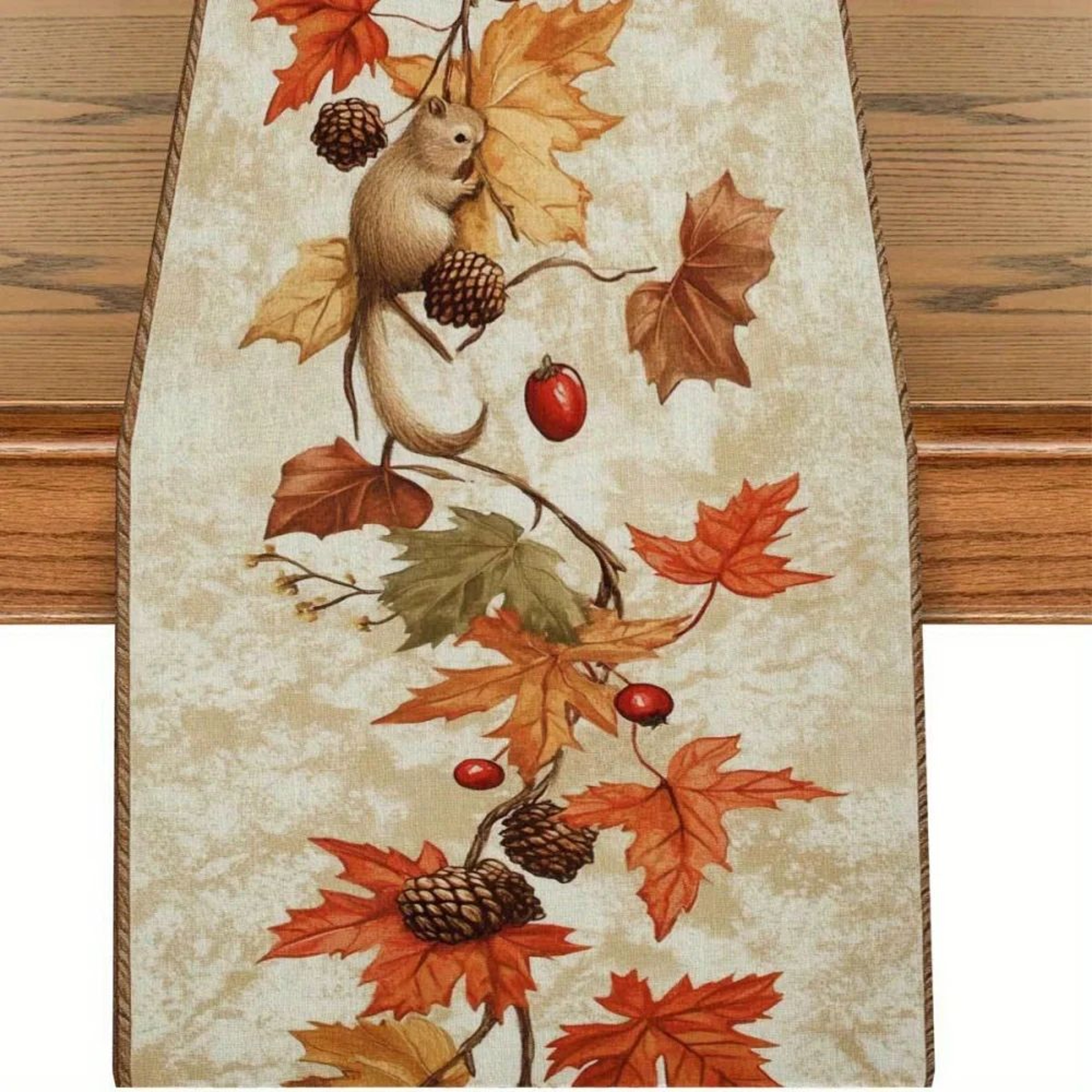 Autumn Squirrel Maple Leaf Table Runner 0