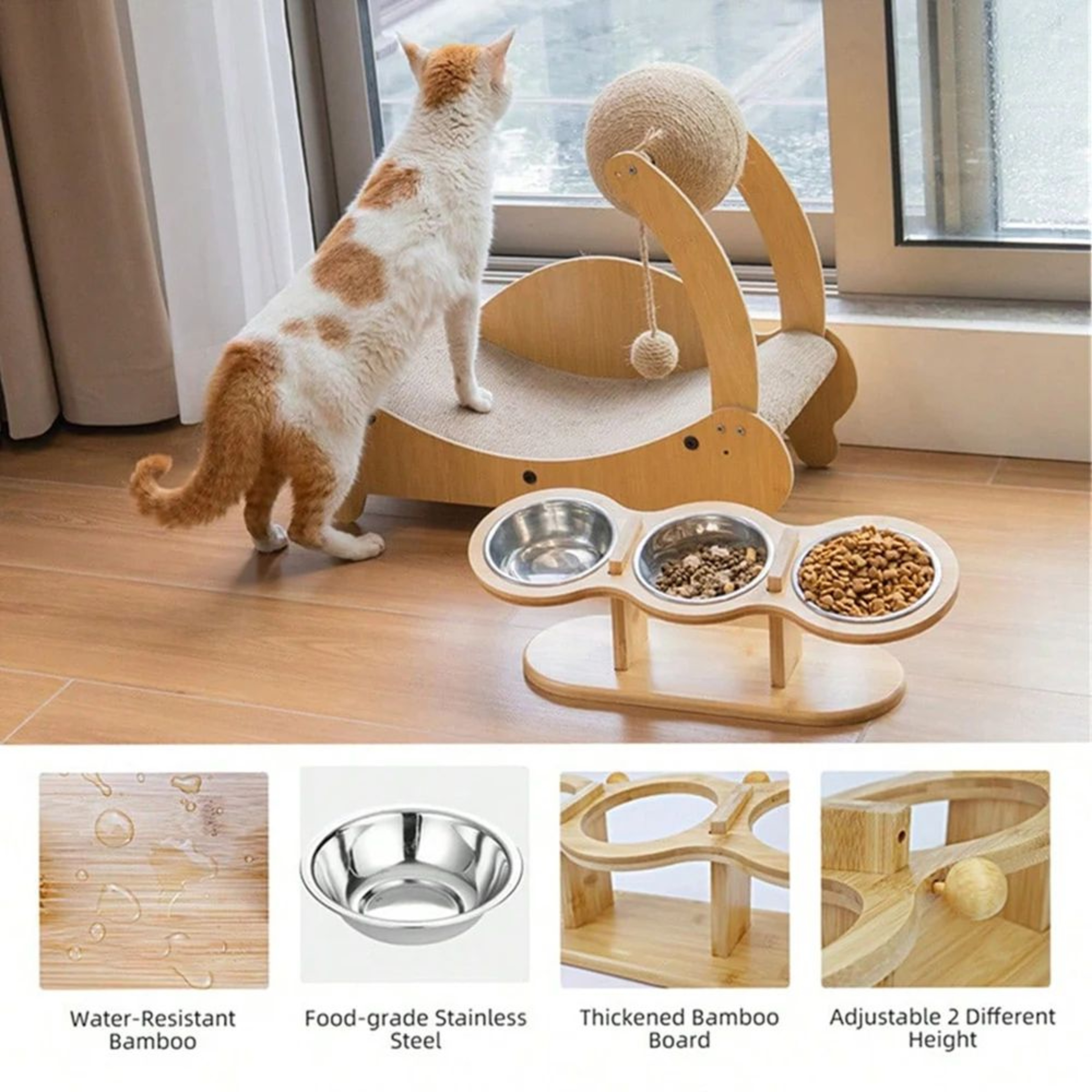 Three Bowl Raised Cat Feeder Set 4