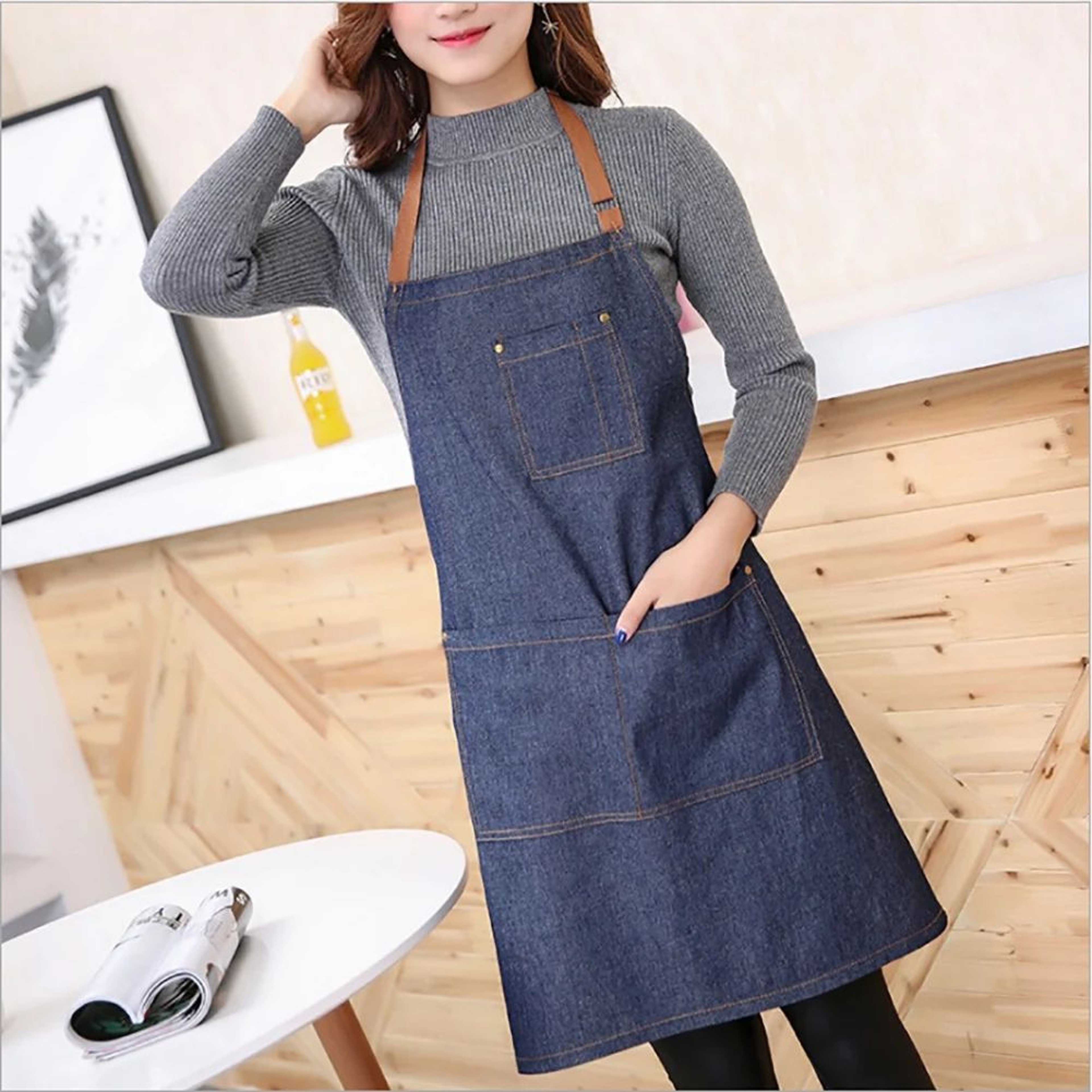 Unisex Cotton Denim Kitchen Apron Chef Cooking Uniform 0