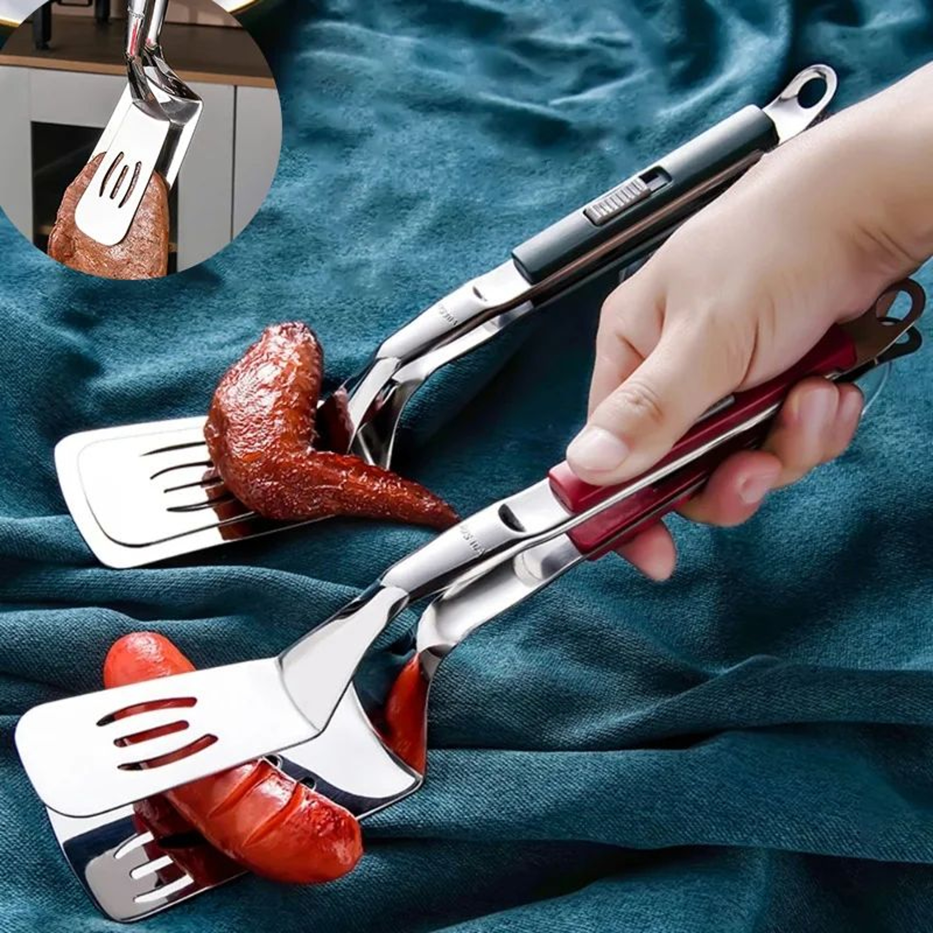 spatula tongs flipping fish fillet in a skillet