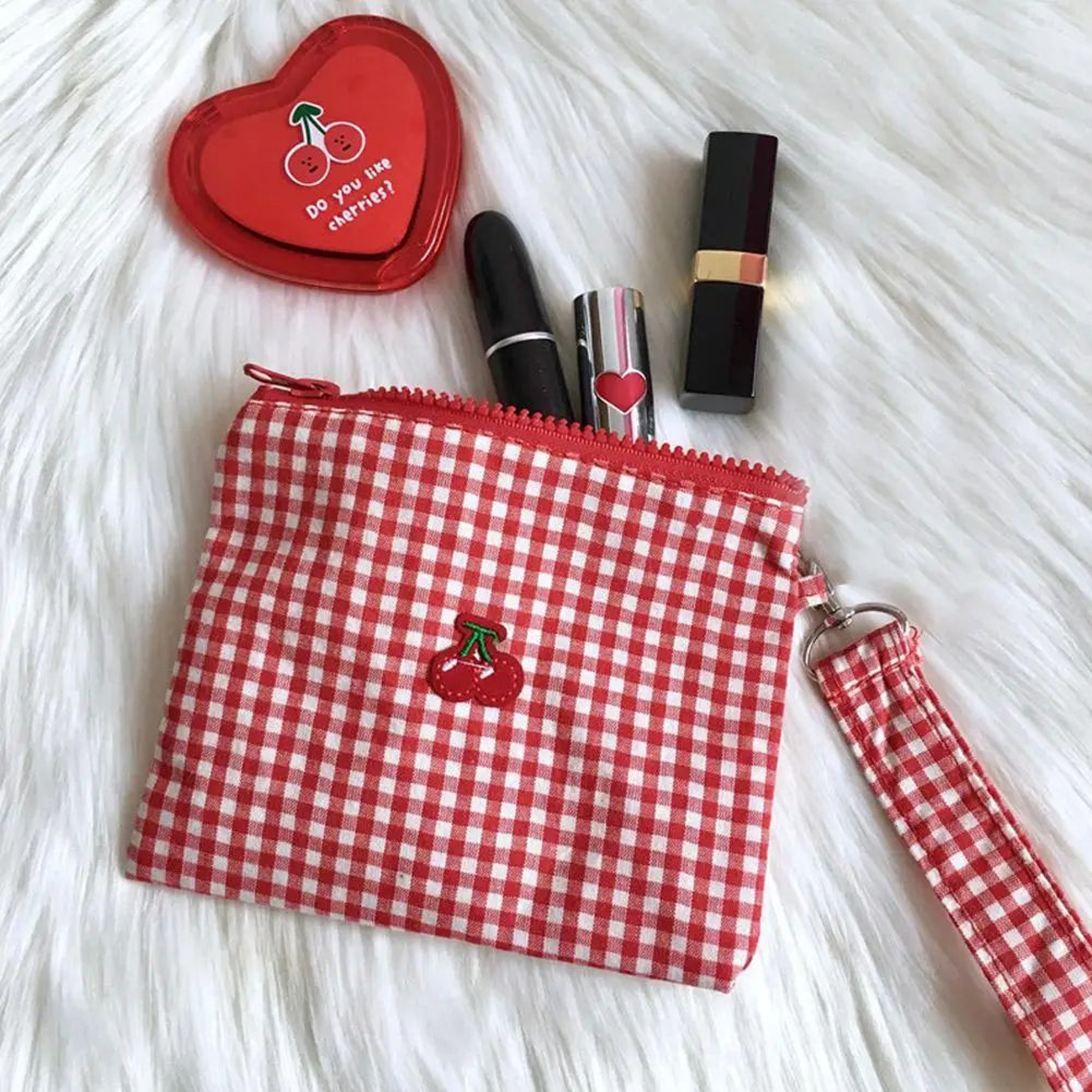 Embroidered Cherry Canvas Cosmetic Bag 3