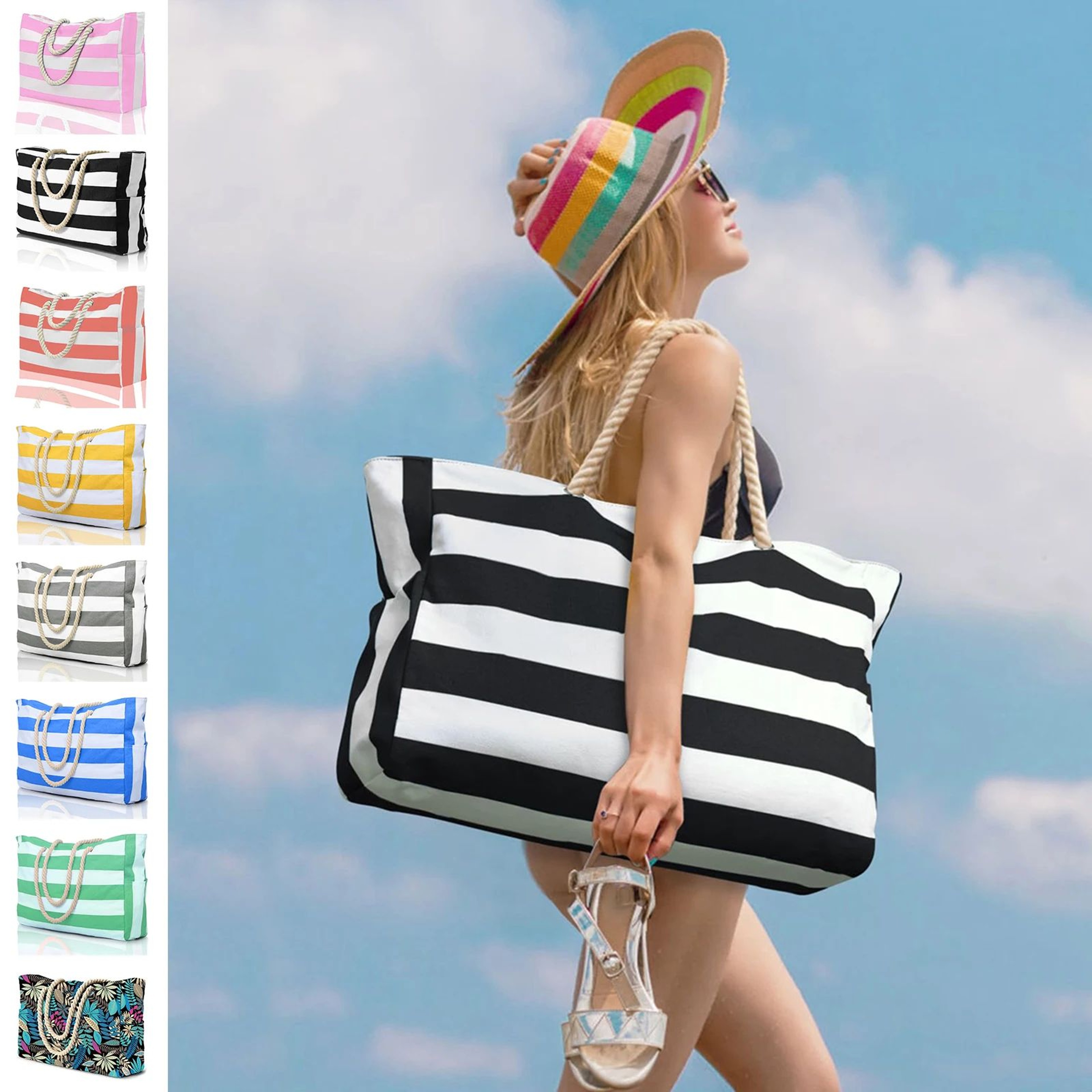 Striped Waterproof Foldable Beach Bag 0