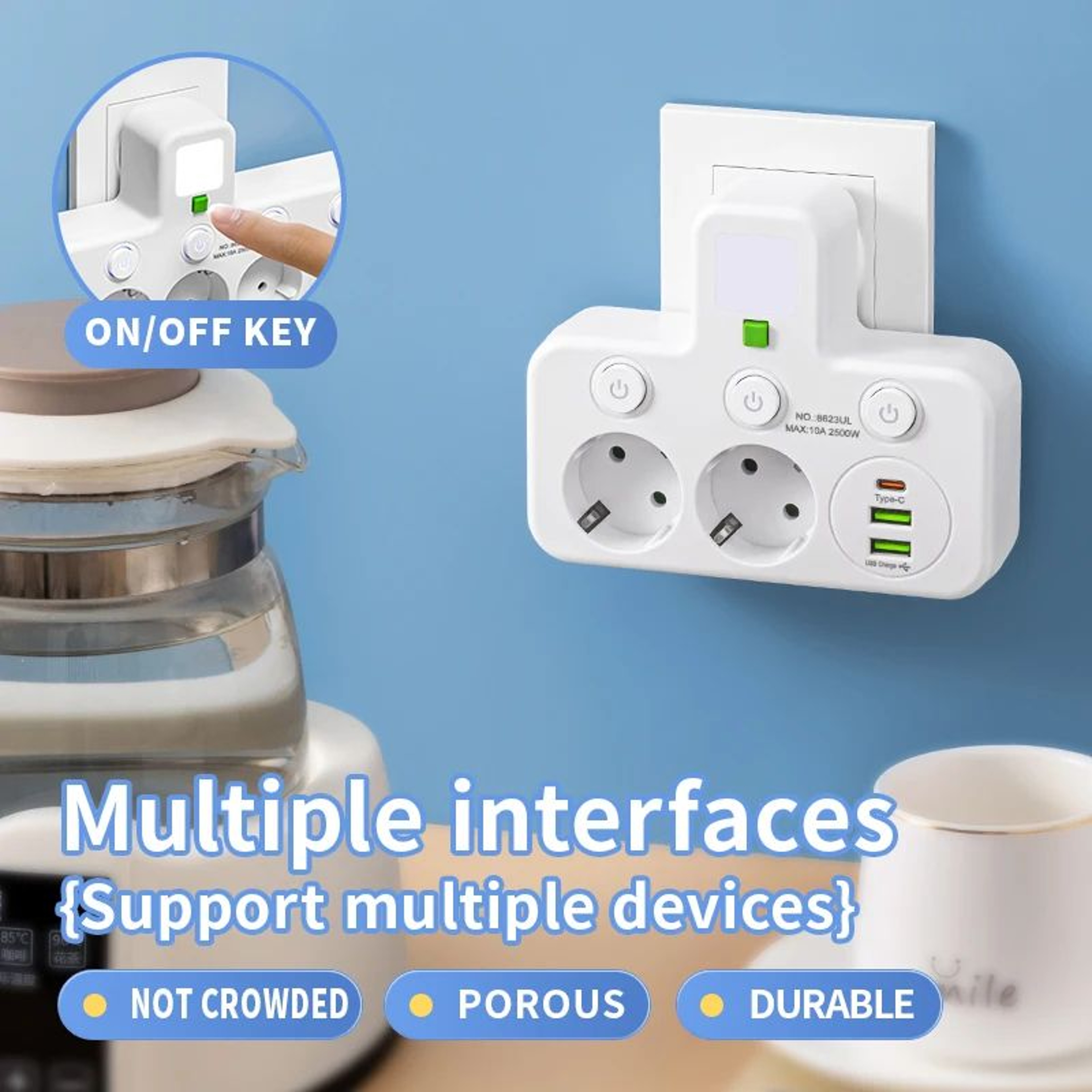 EU Power Strip With USB Charger And Separate Switches 3