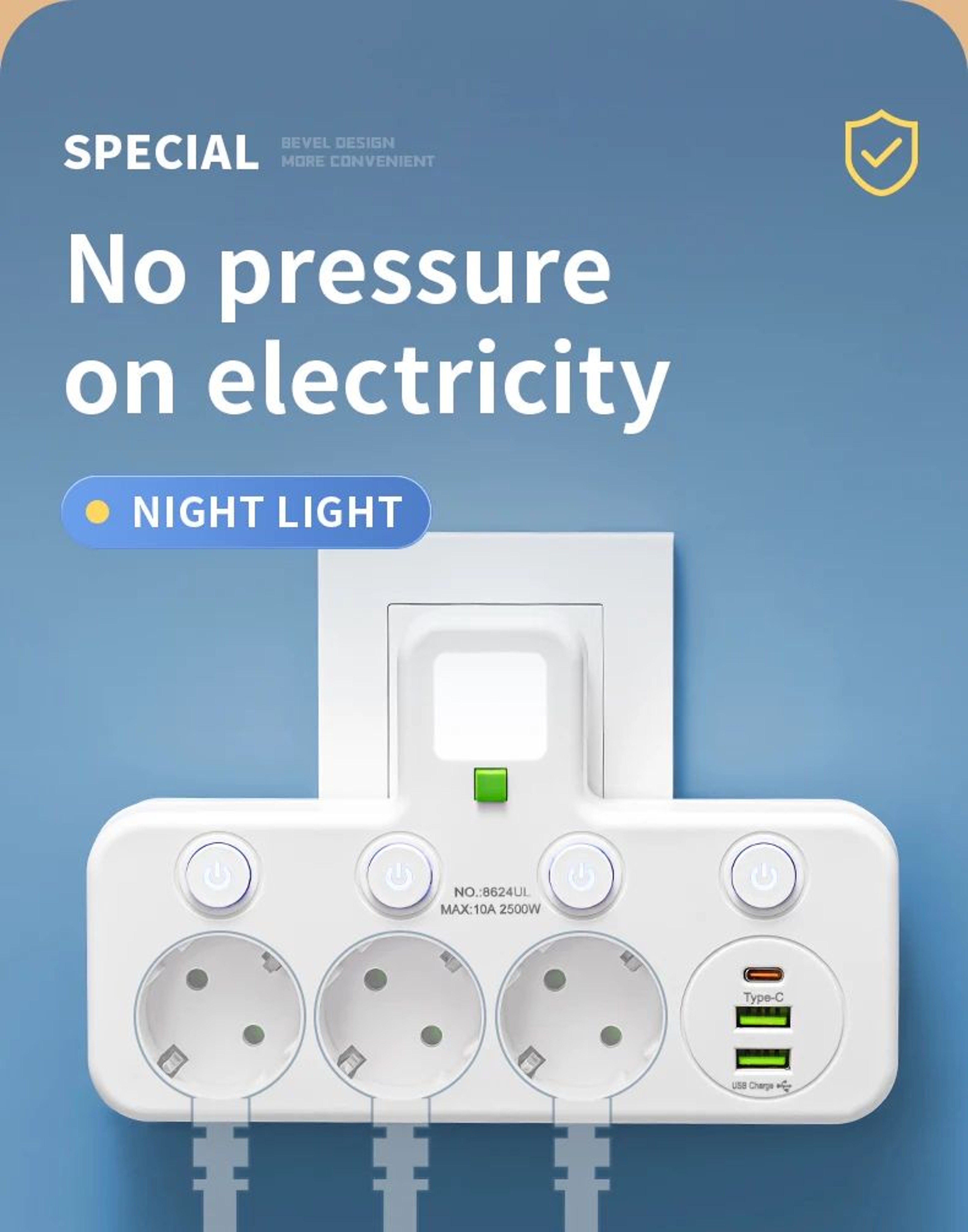 EU Power Strip With USB Charger And Separate Switches 8