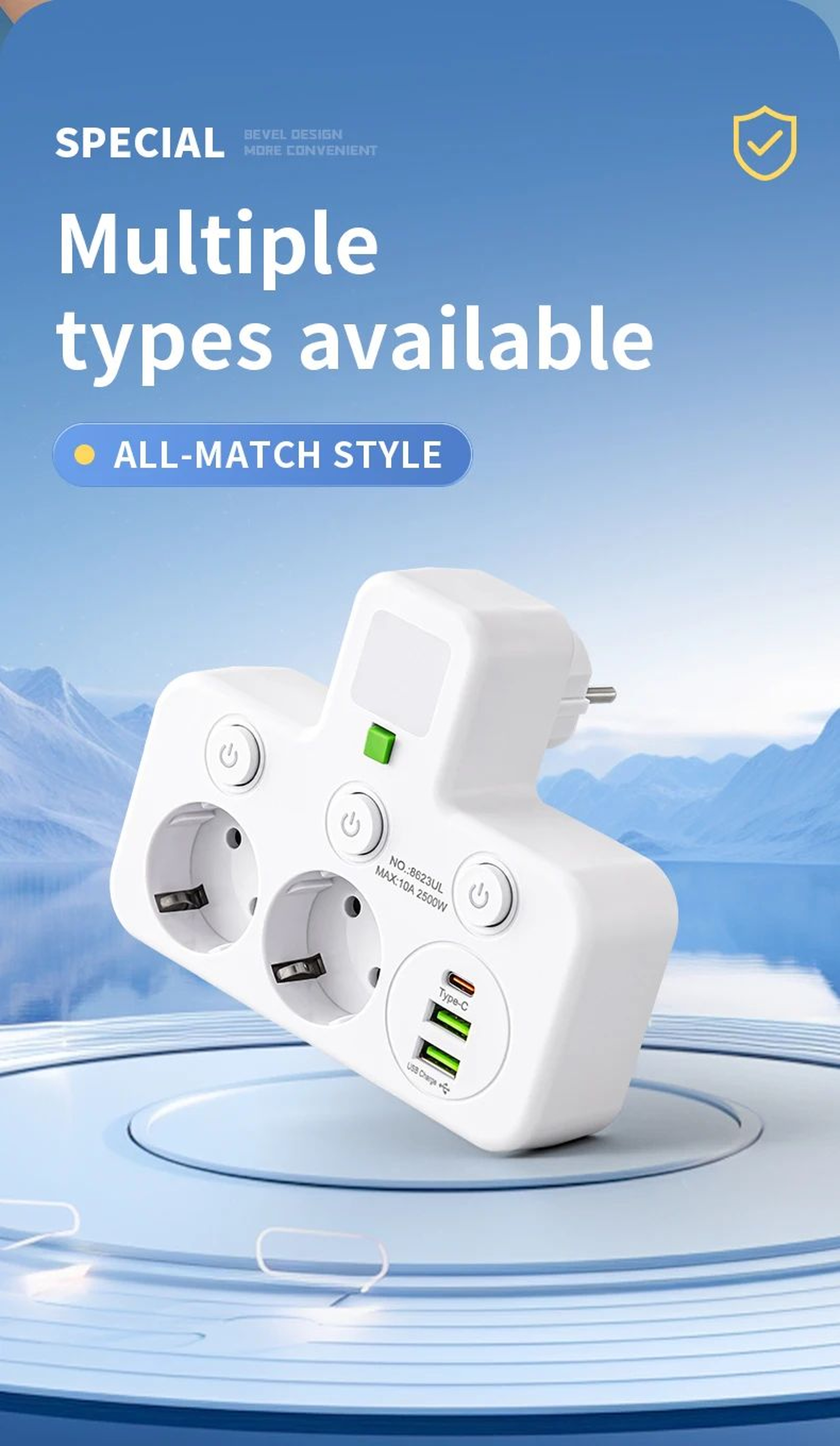 EU Power Strip With USB Charger And Separate Switches 10