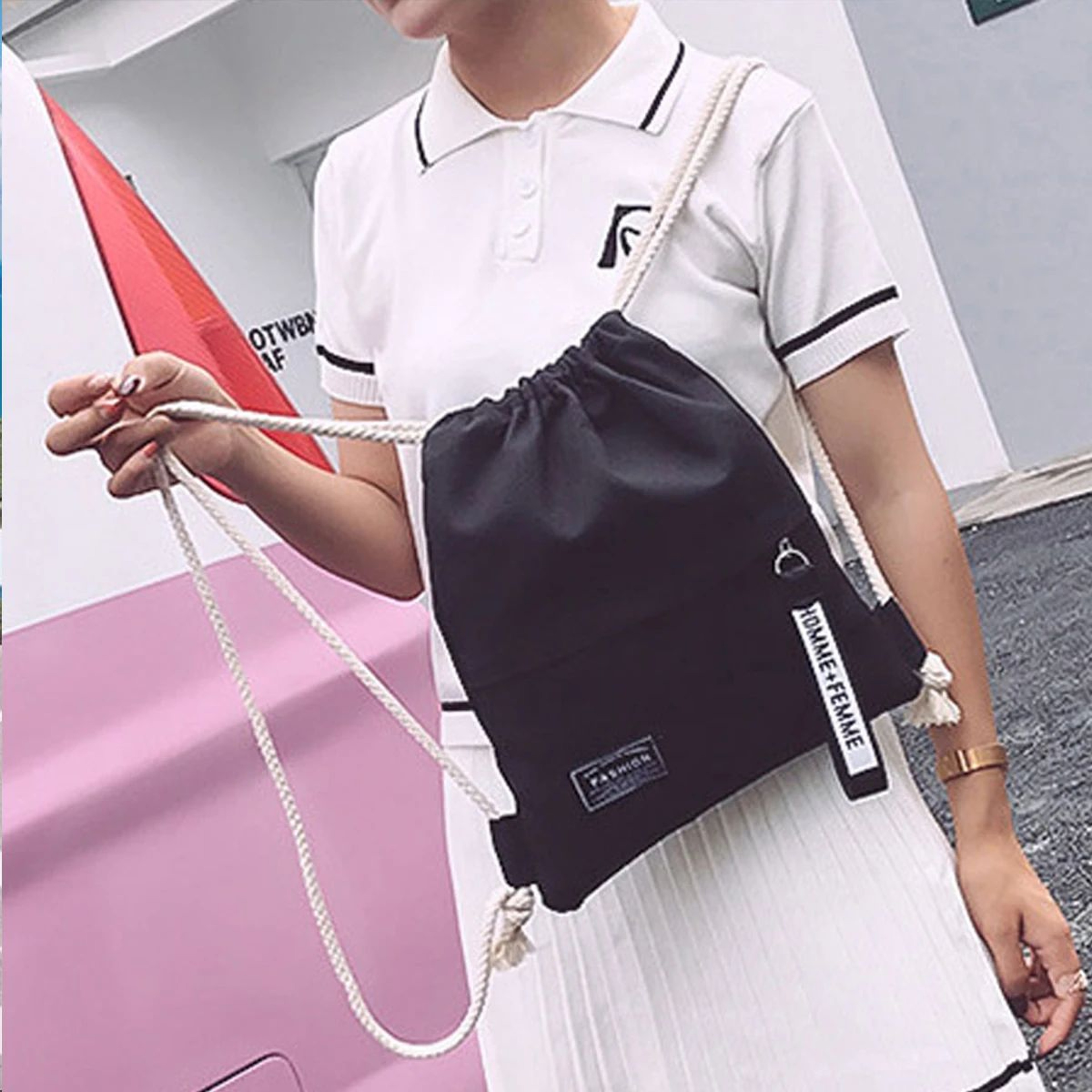 Canvas Double Shoulder Drawstring Backpack 9