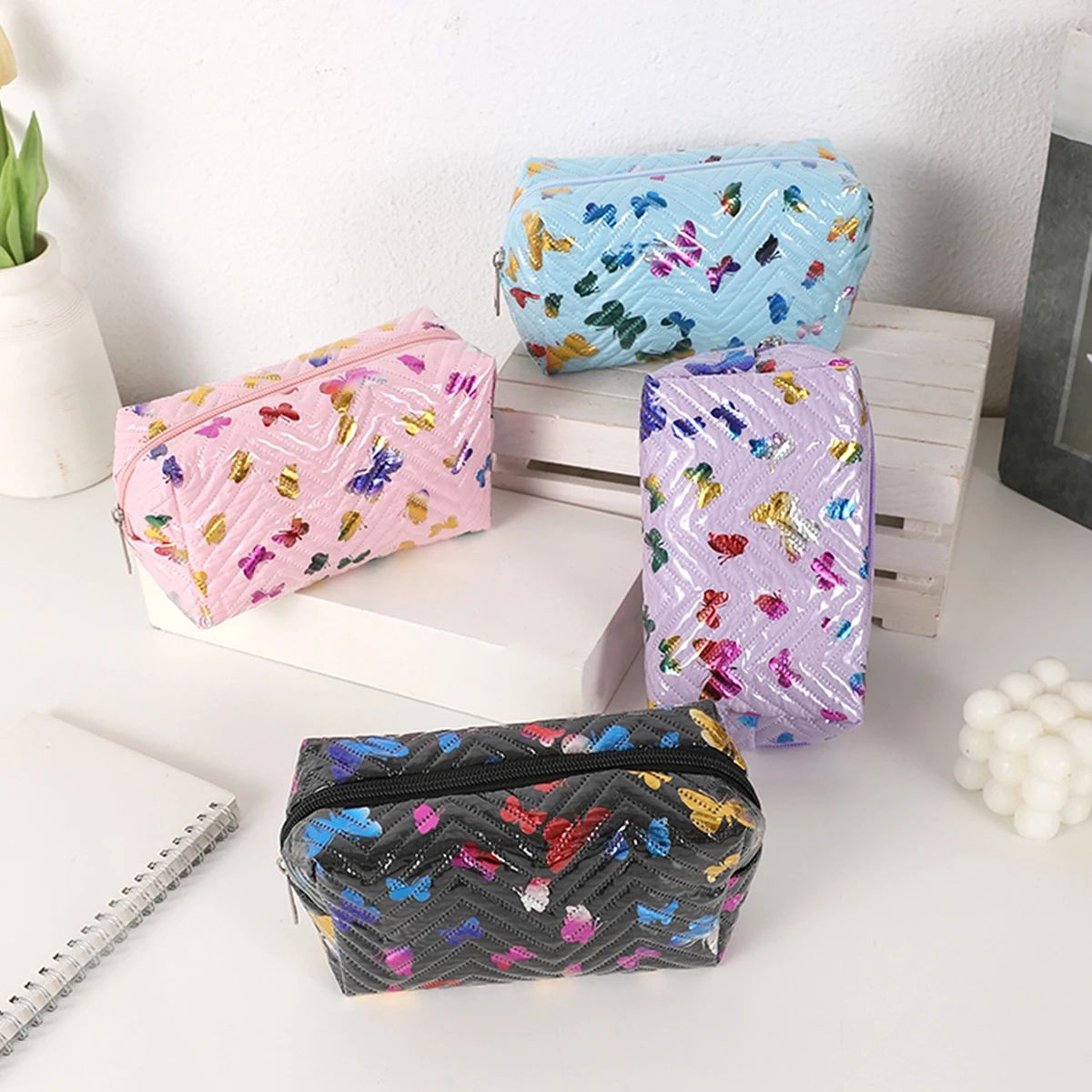 Colorful Glossy Butterfly PU Leather Pencil Case And Desk Organizer 2
