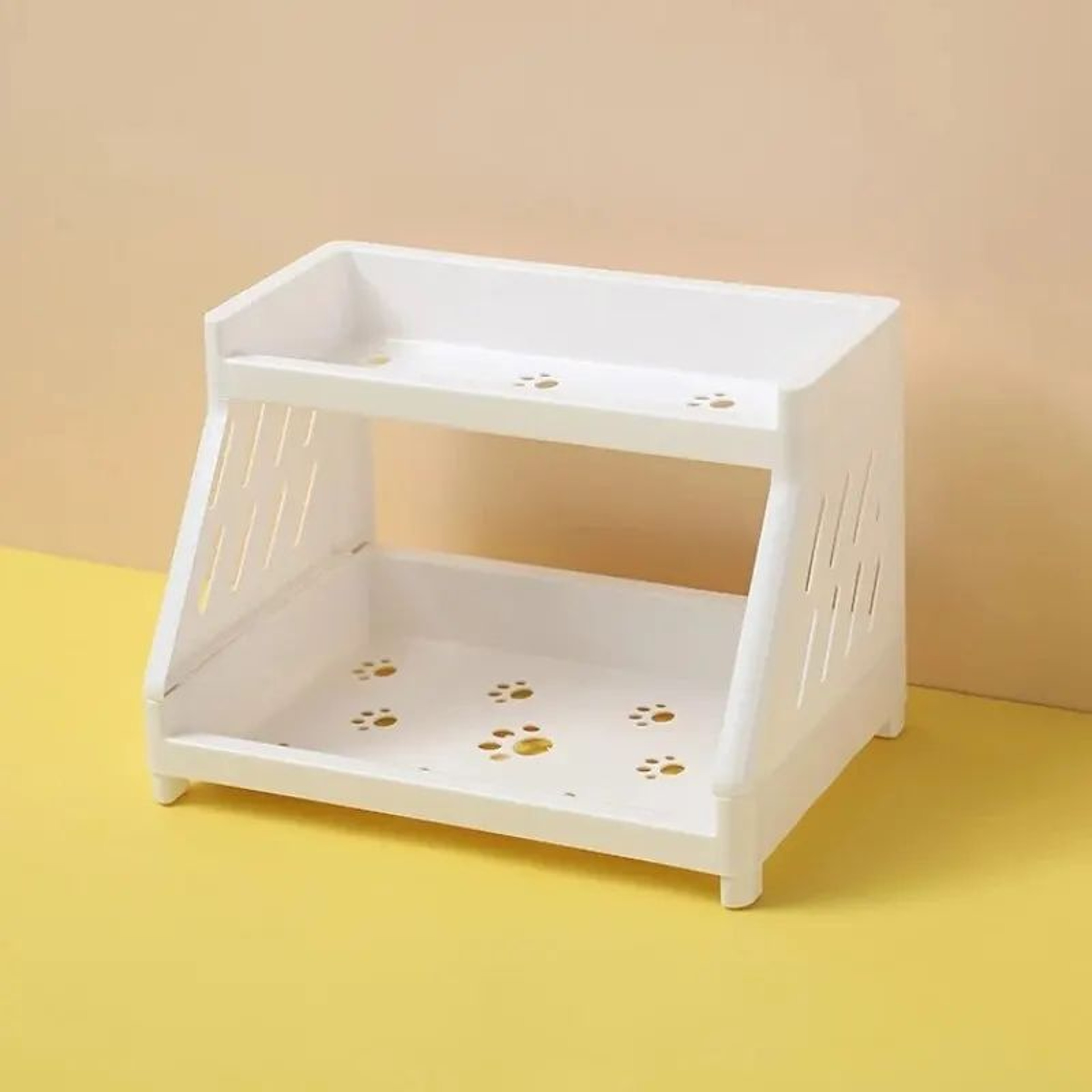White Double Tier Desktop Storage Shelf With Cats Paw Design 3