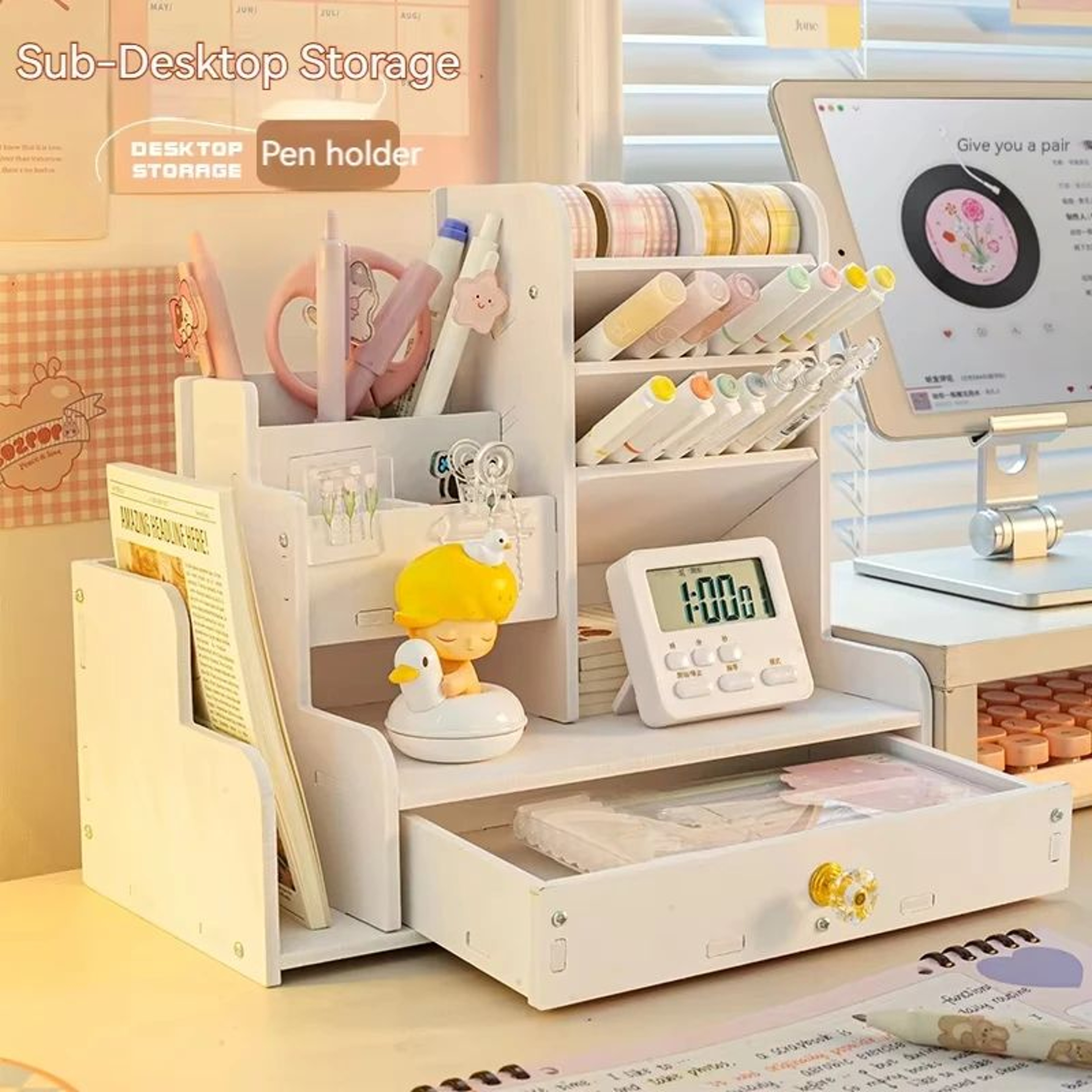 Wooden Desktop Pen And Stationery Organizer With MultiShelves 0