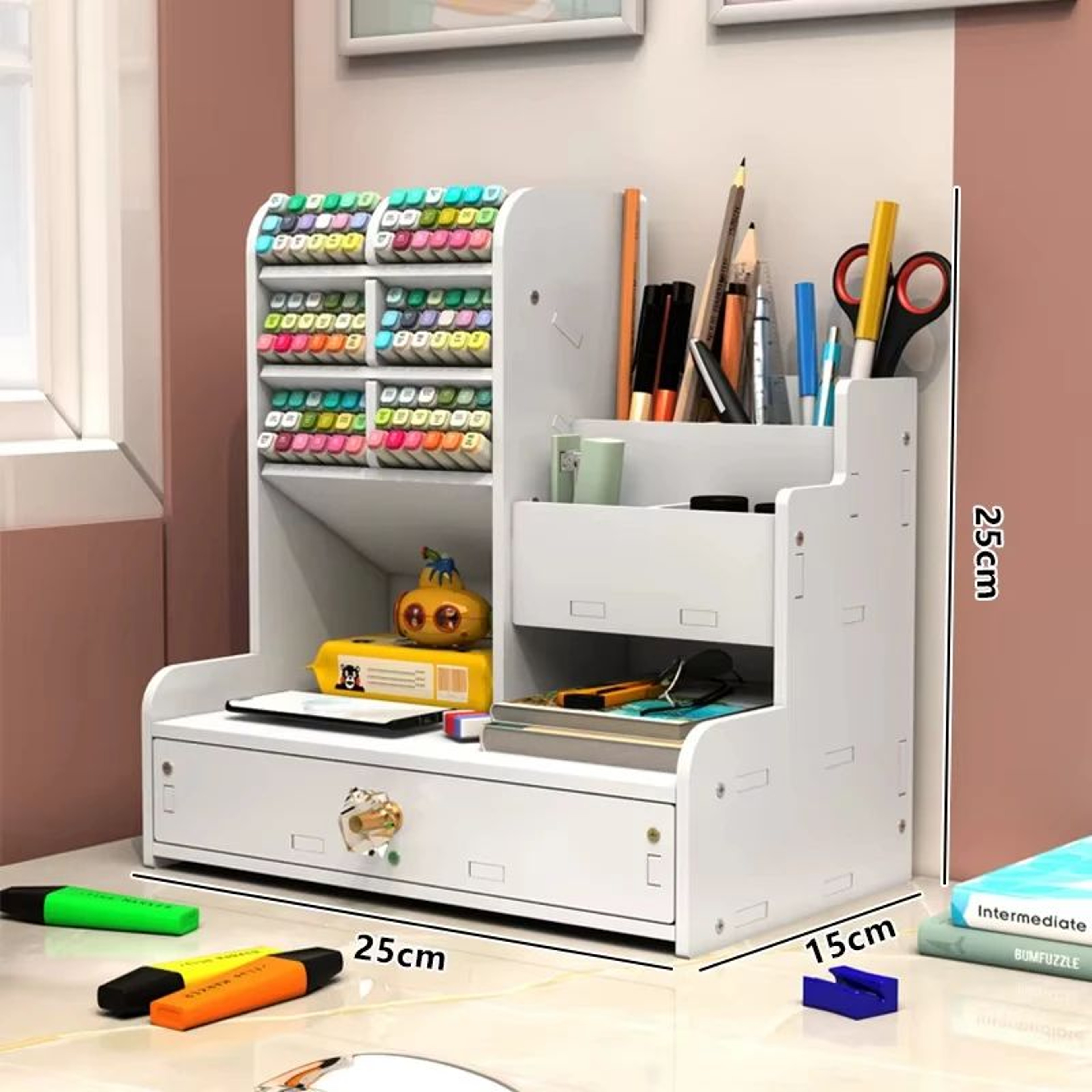 Wooden Desktop Pen And Stationery Organizer With MultiShelves 5