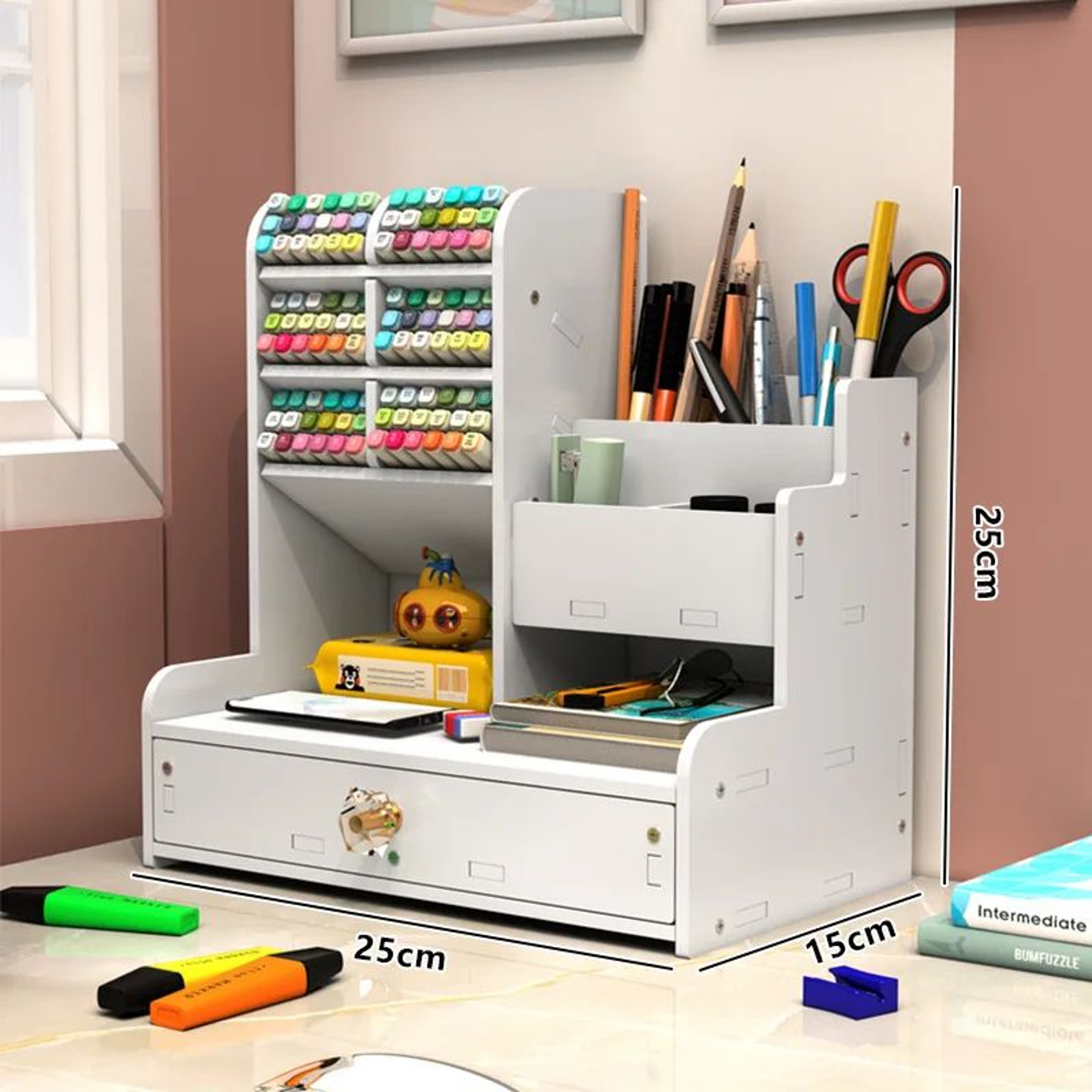 Wooden Desktop Pen And Stationery Organizer With MultiShelves 16