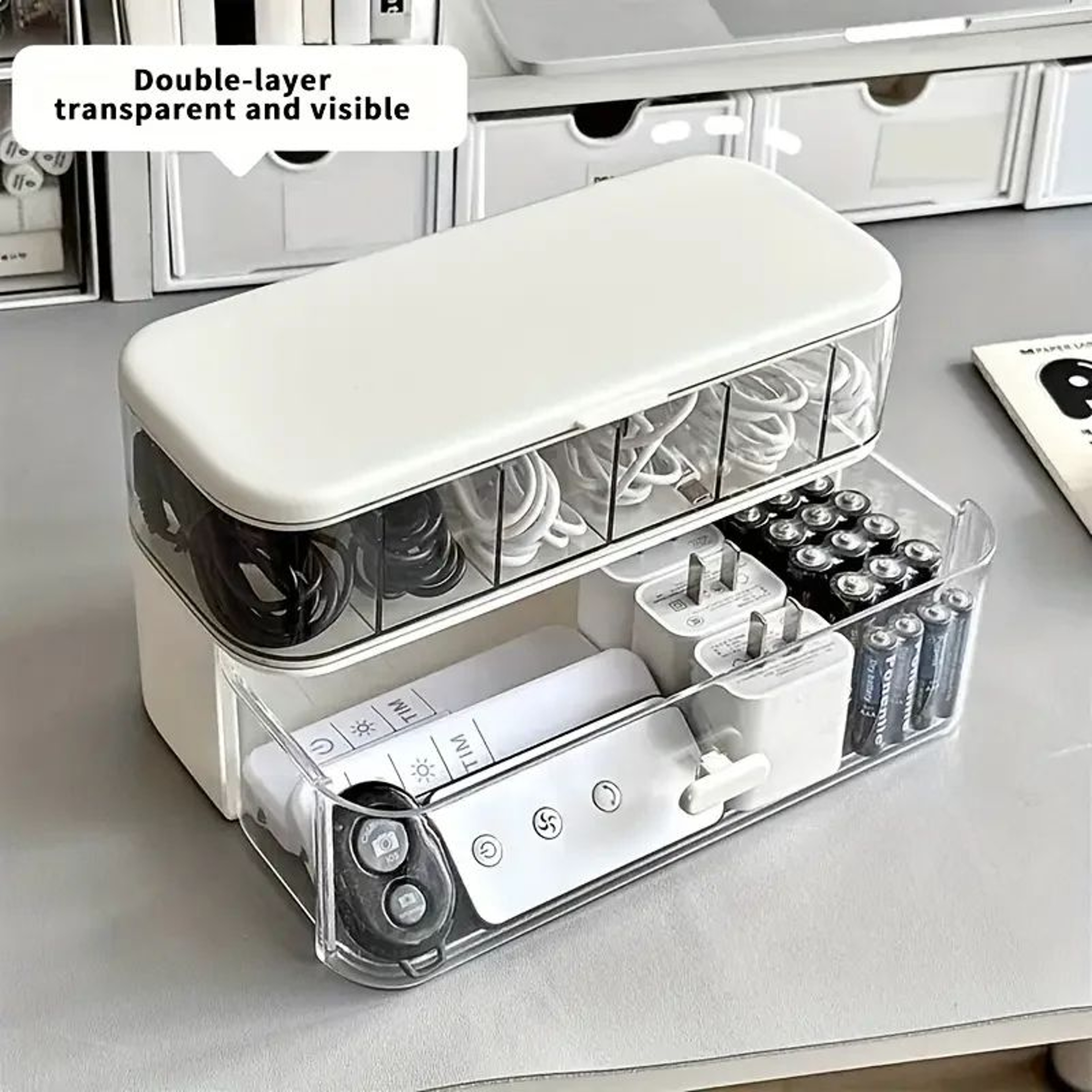 Double Layer Transparent Cable  Desk Organizer Box 1