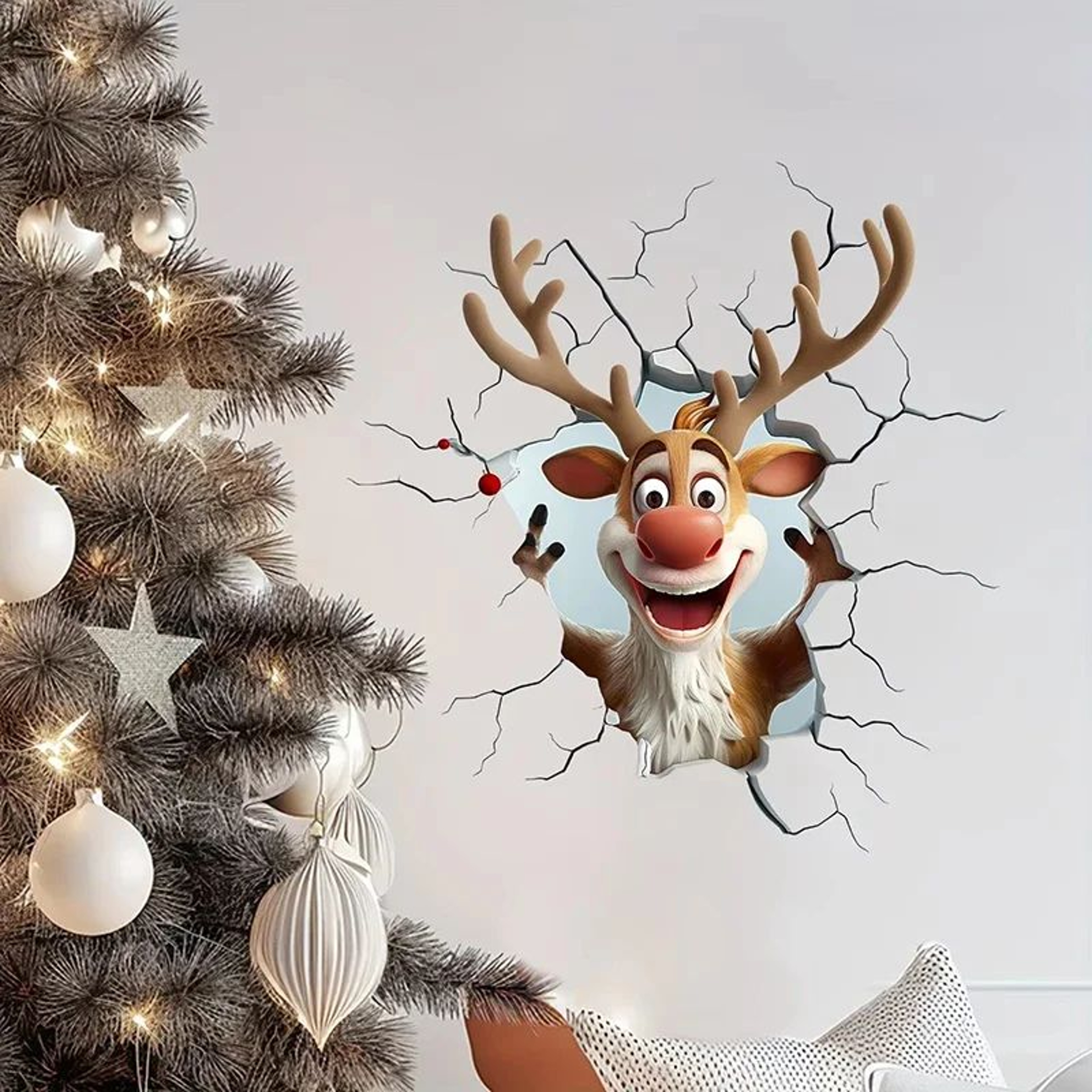 3D Christmas Santa And Reindeer Vinyl Wall Decal 3