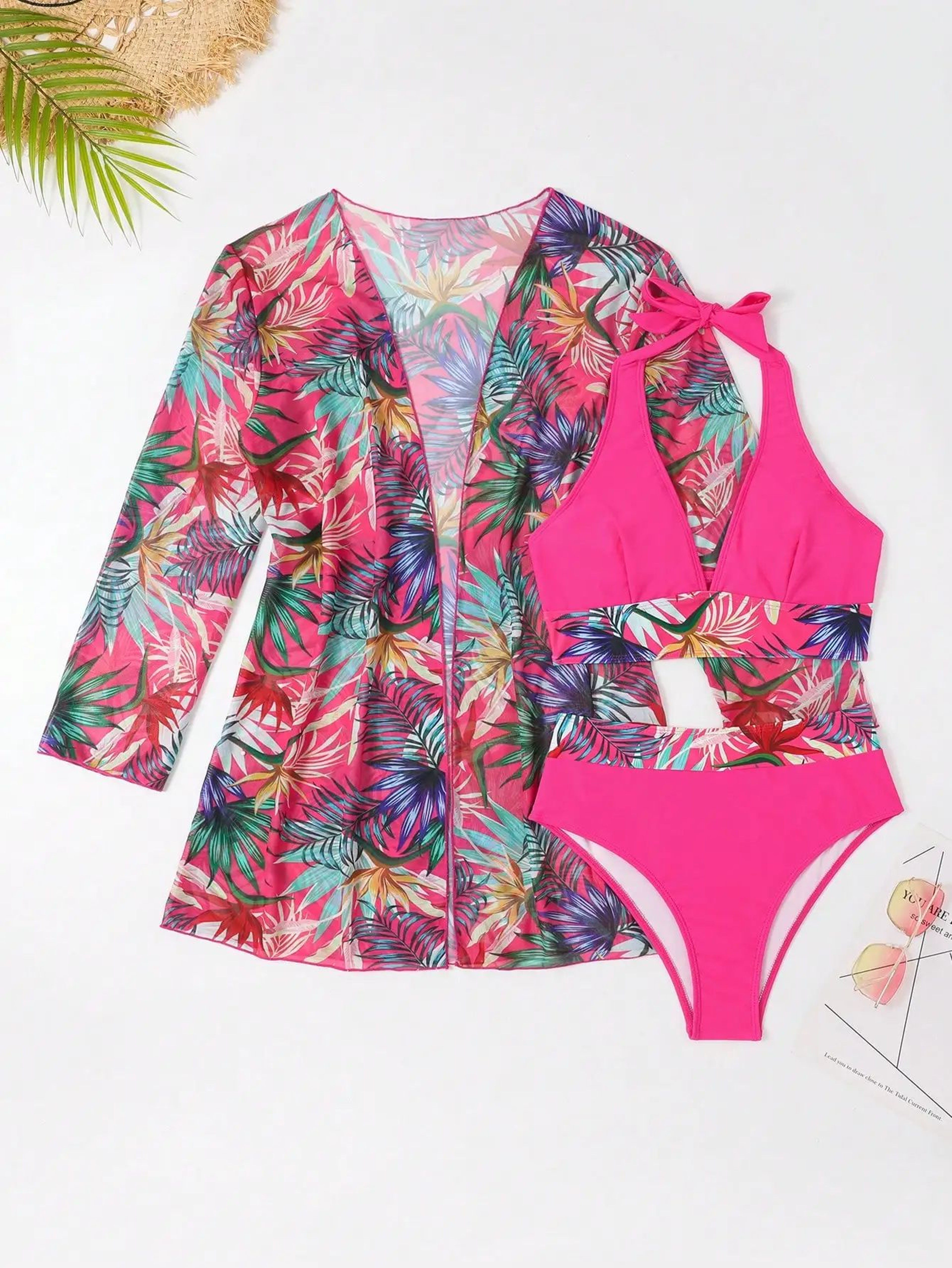 3PCS Halter Print Bikini Set With Kimono High Waist Swimwear For Women 9
