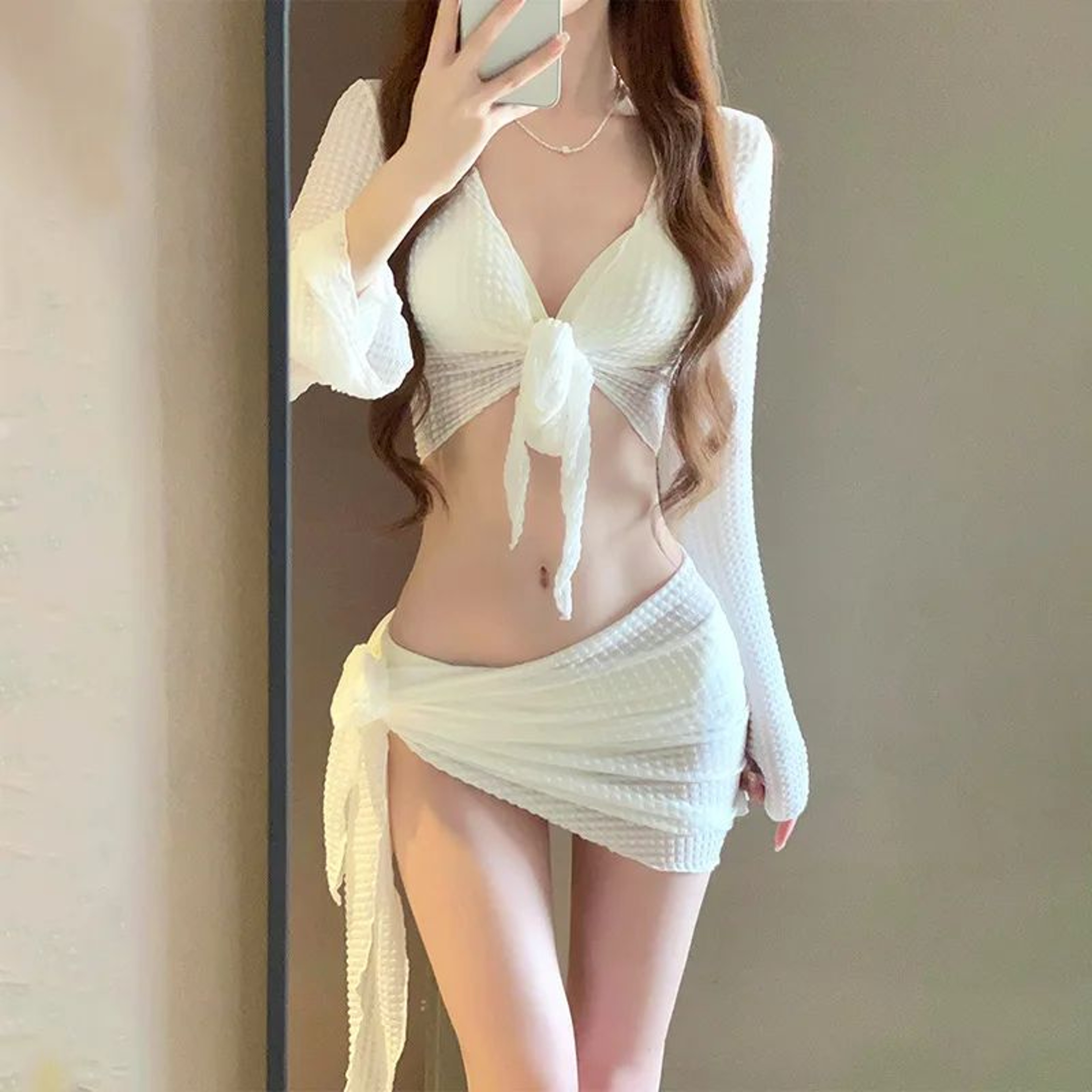 Womens Long Sleeve Knit PushUp Bikini Set With CoverUp 0