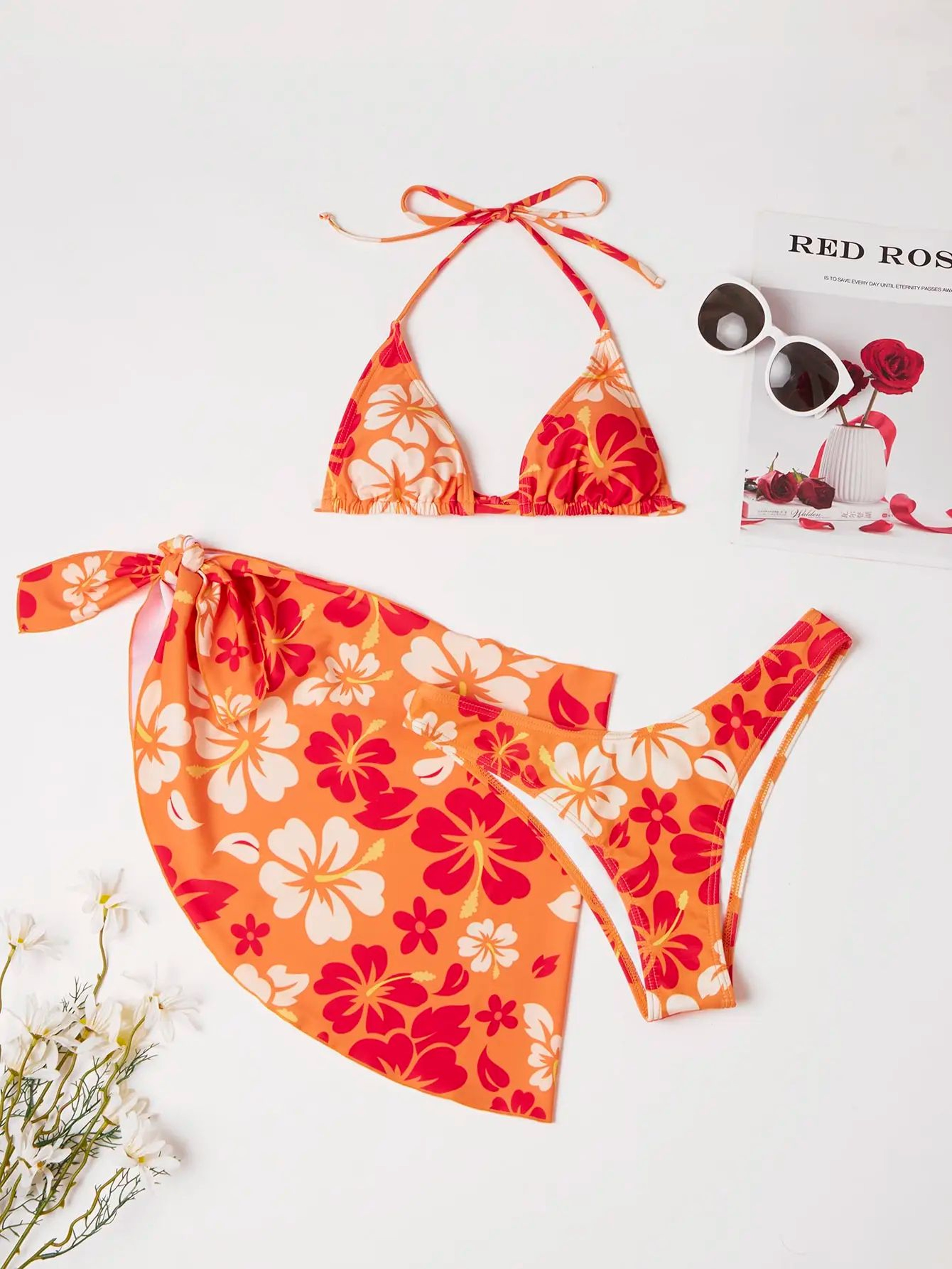 European American Sexy 3Piece Bikini Set With Swim Skirt CoverUp 7