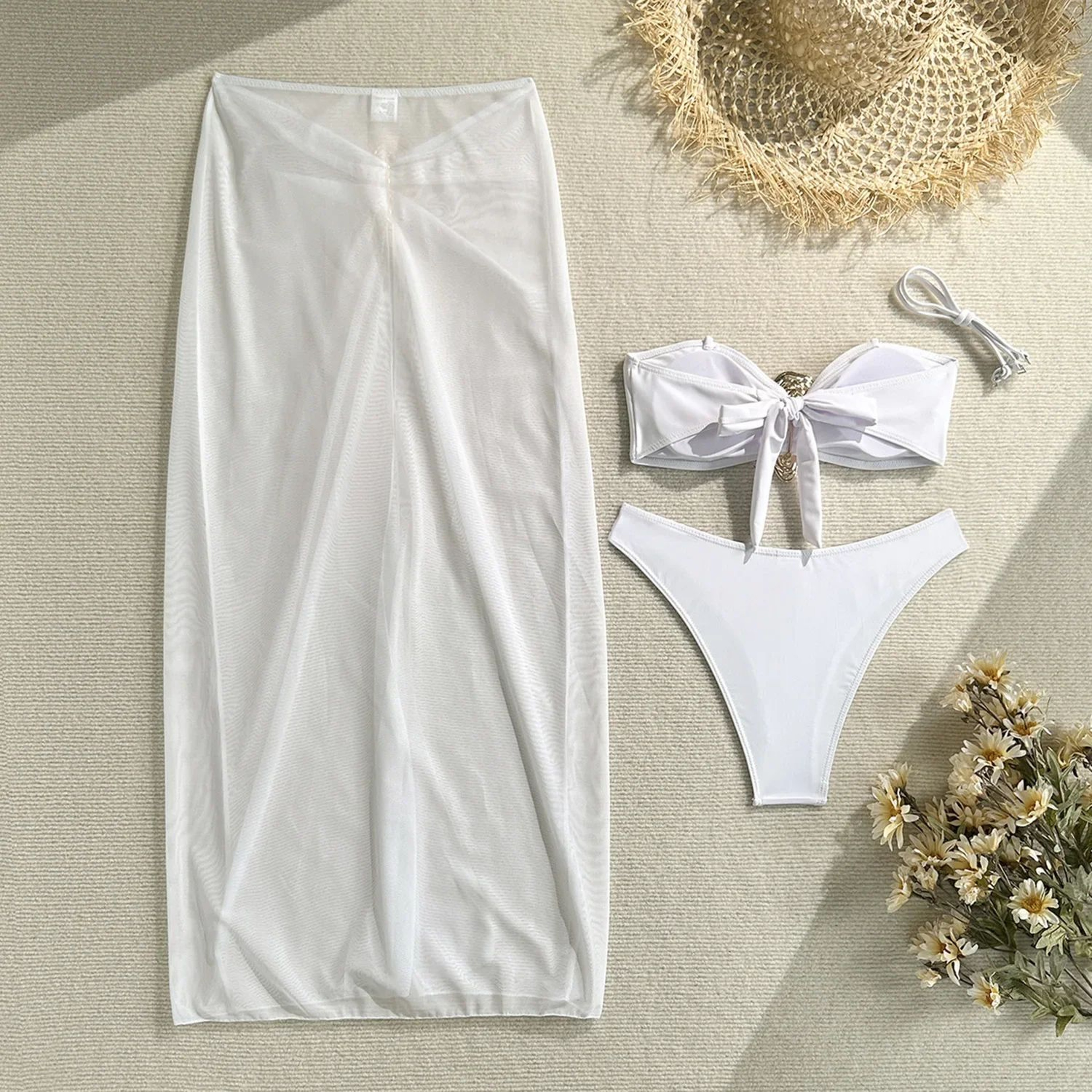 Vintage White Three Piece Push Up Bikini Set 11