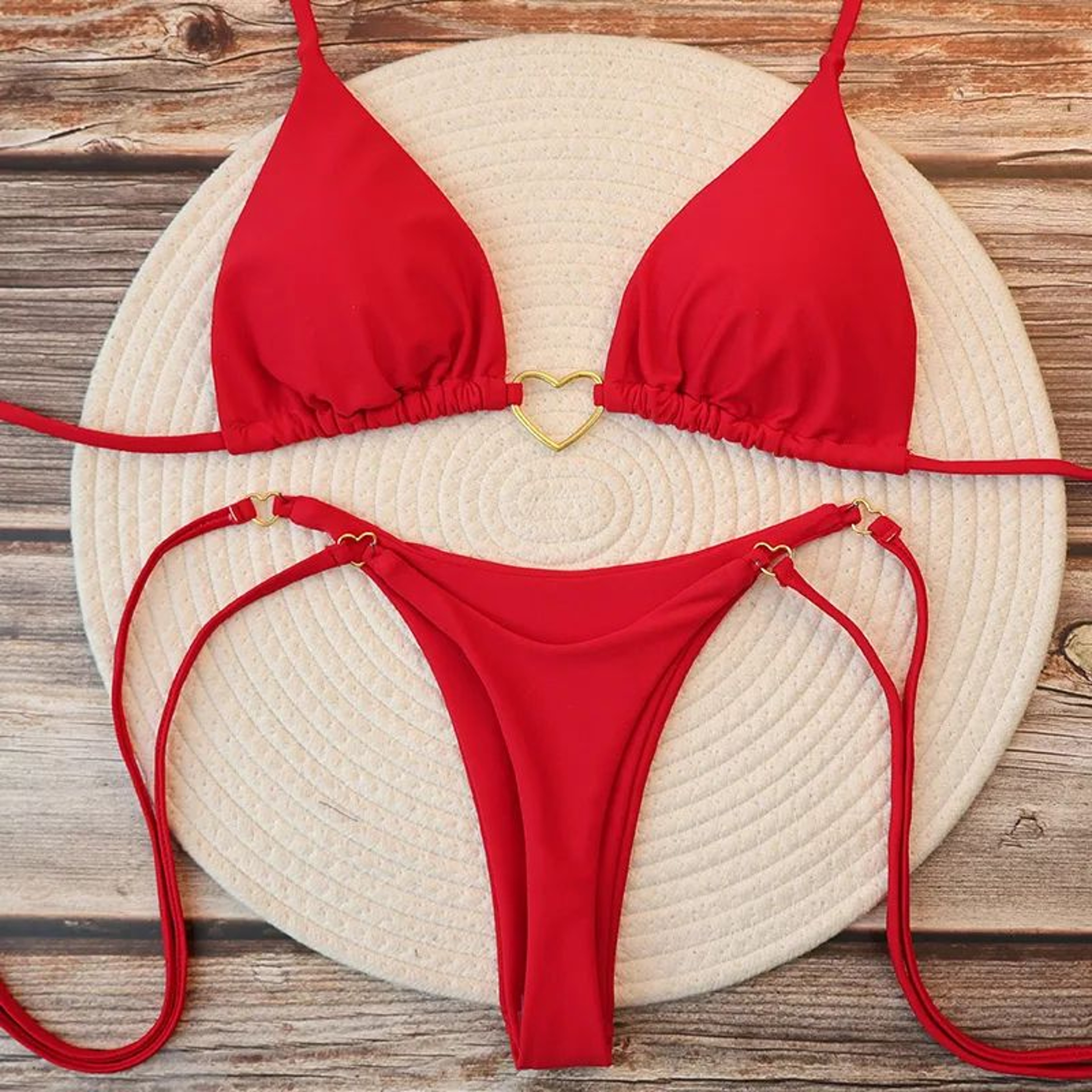 Heart Print Brazilian Halter Bikini Set 0
