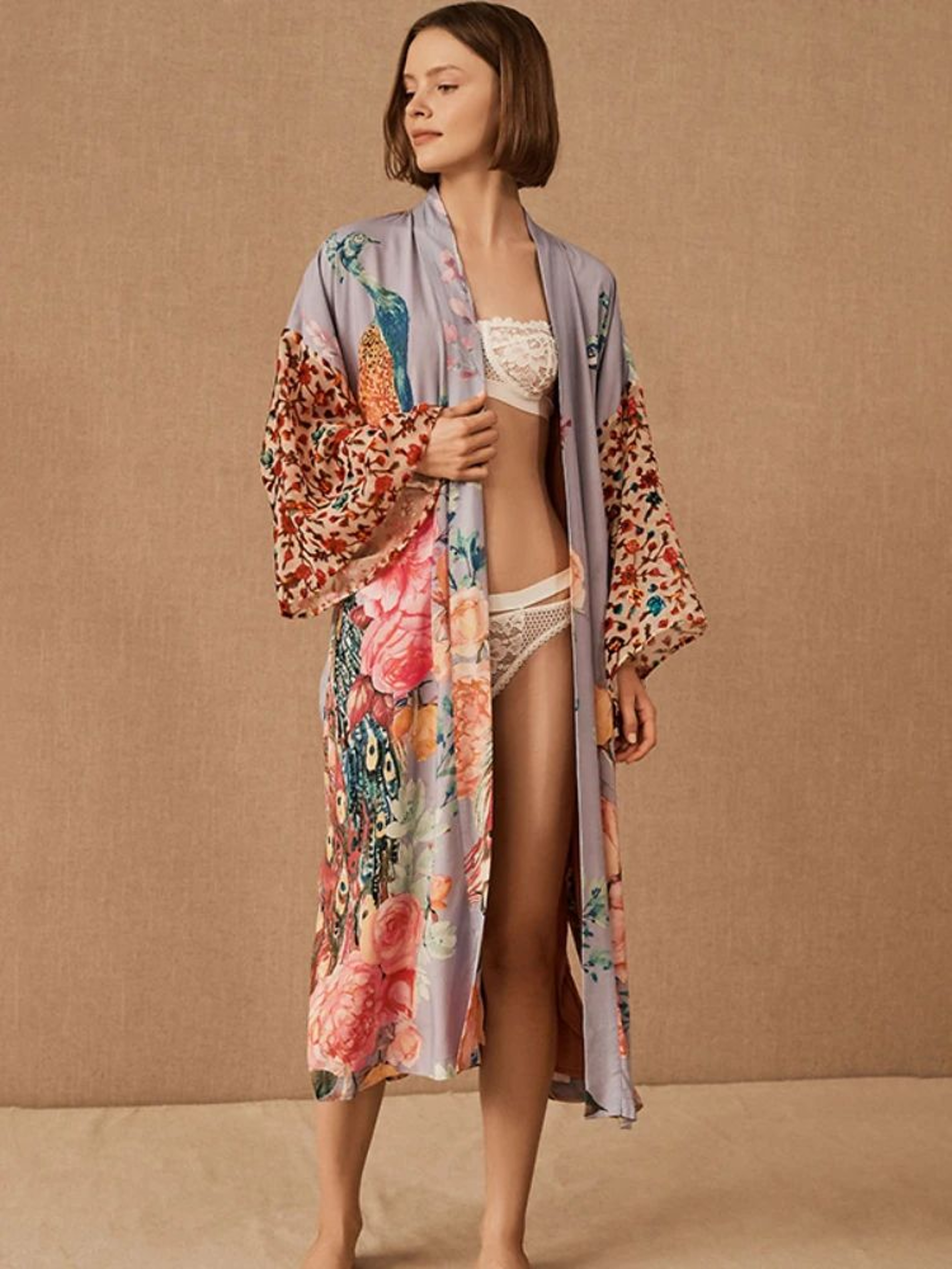 Peacock Print Belted Beach Kimono Cover Up 2