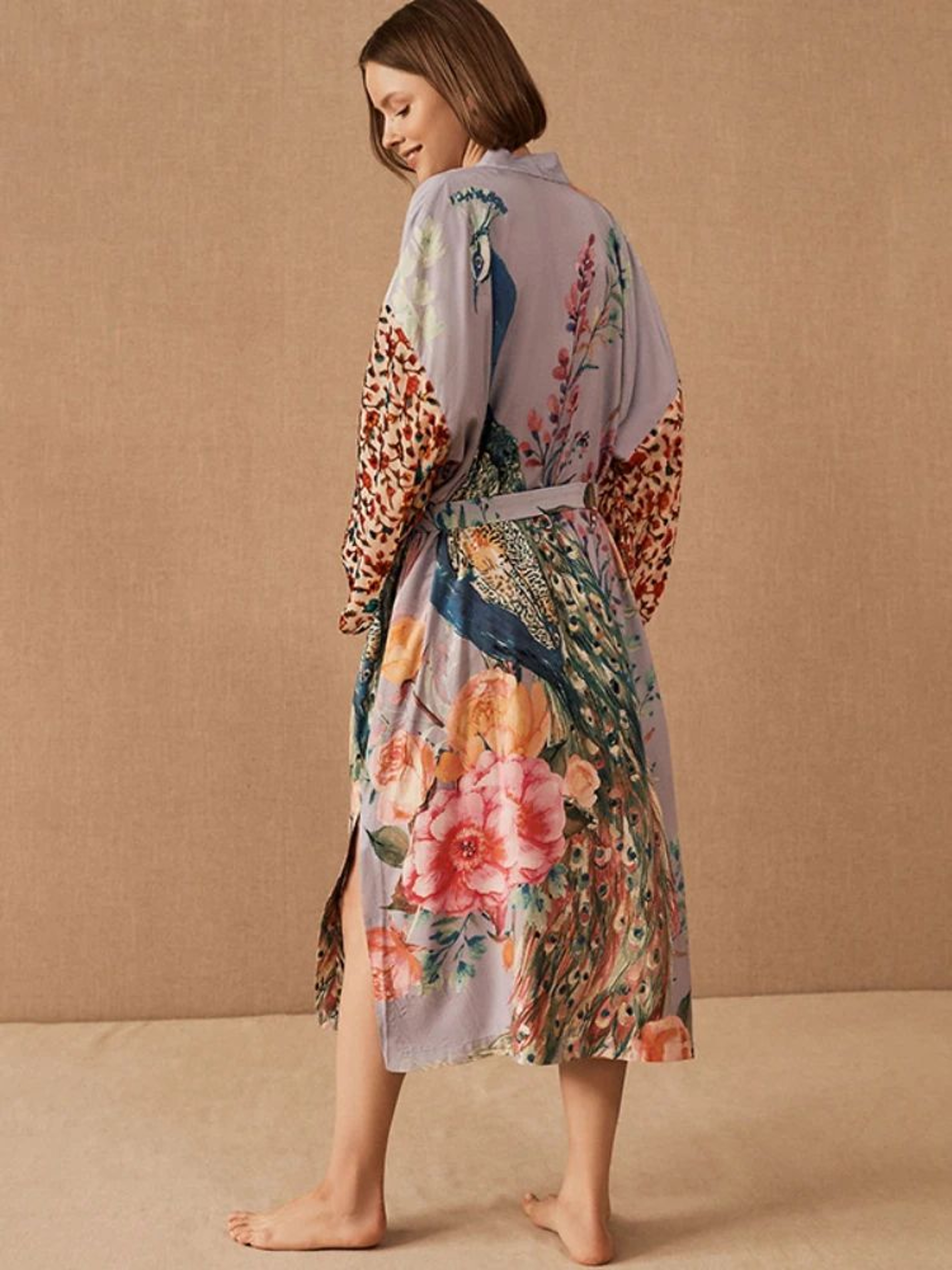 Peacock Print Belted Beach Kimono Cover Up 3