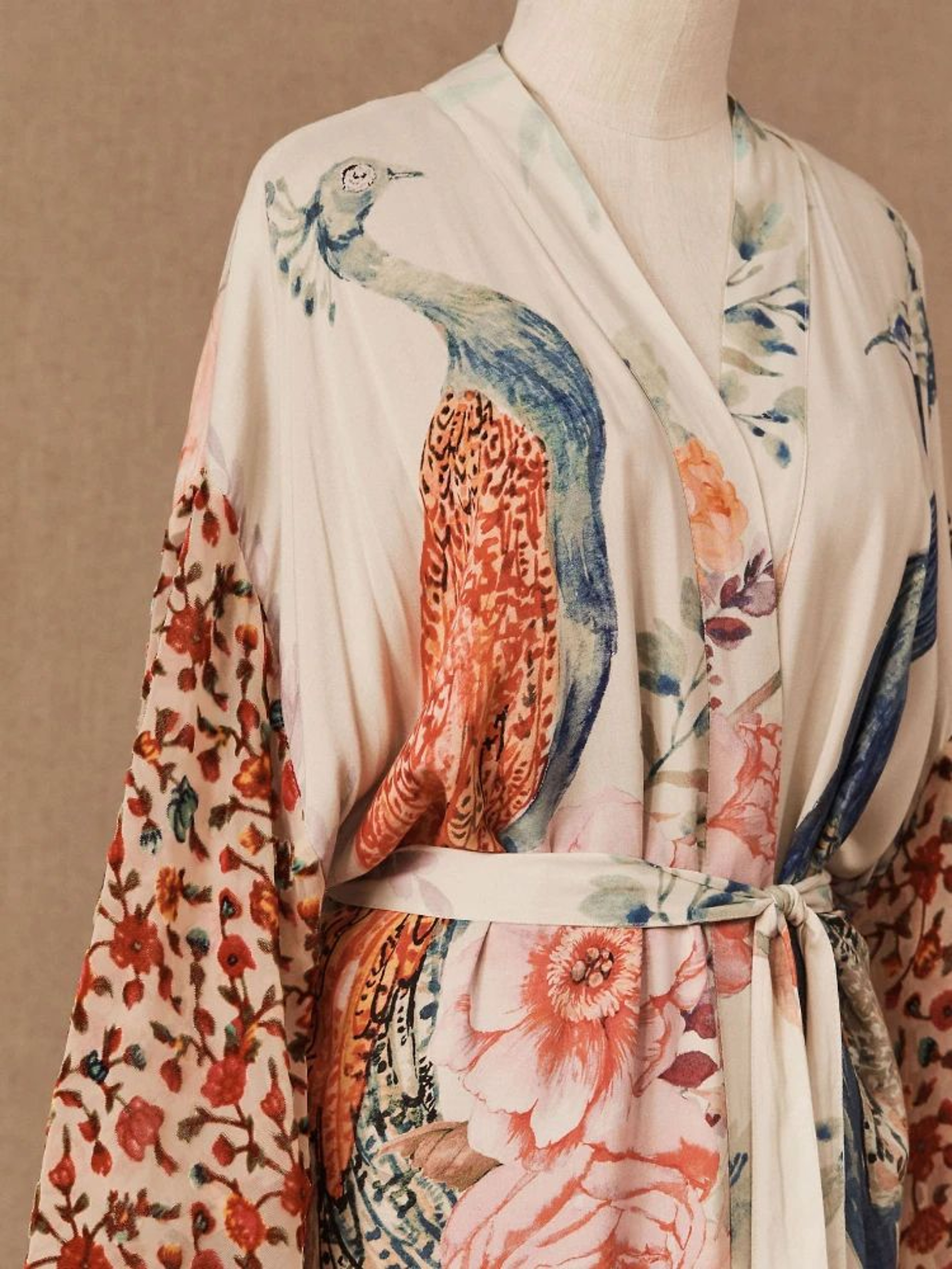 Peacock Print Belted Beach Kimono Cover Up 5