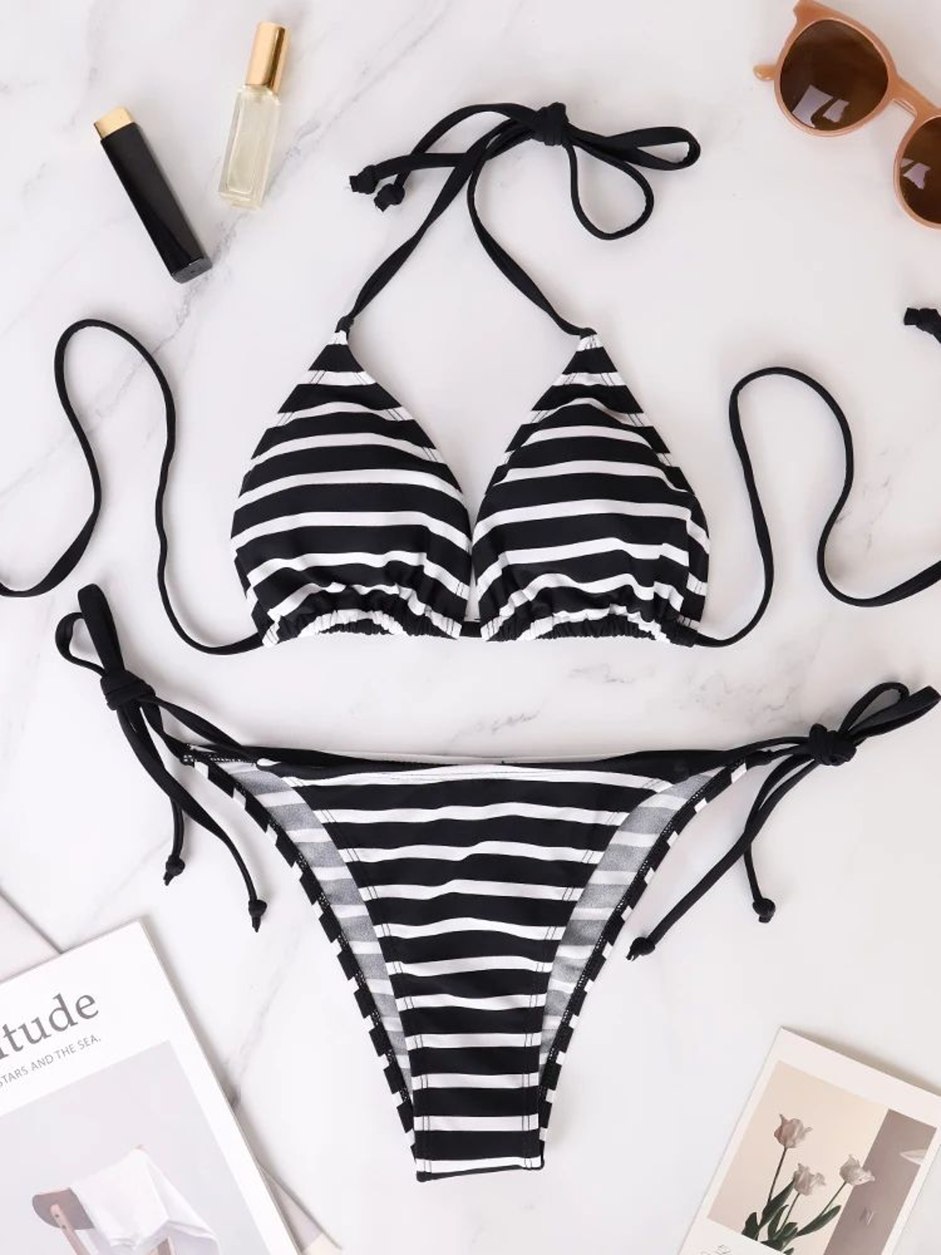 Black And White Striped Triangle Bikini Set 0