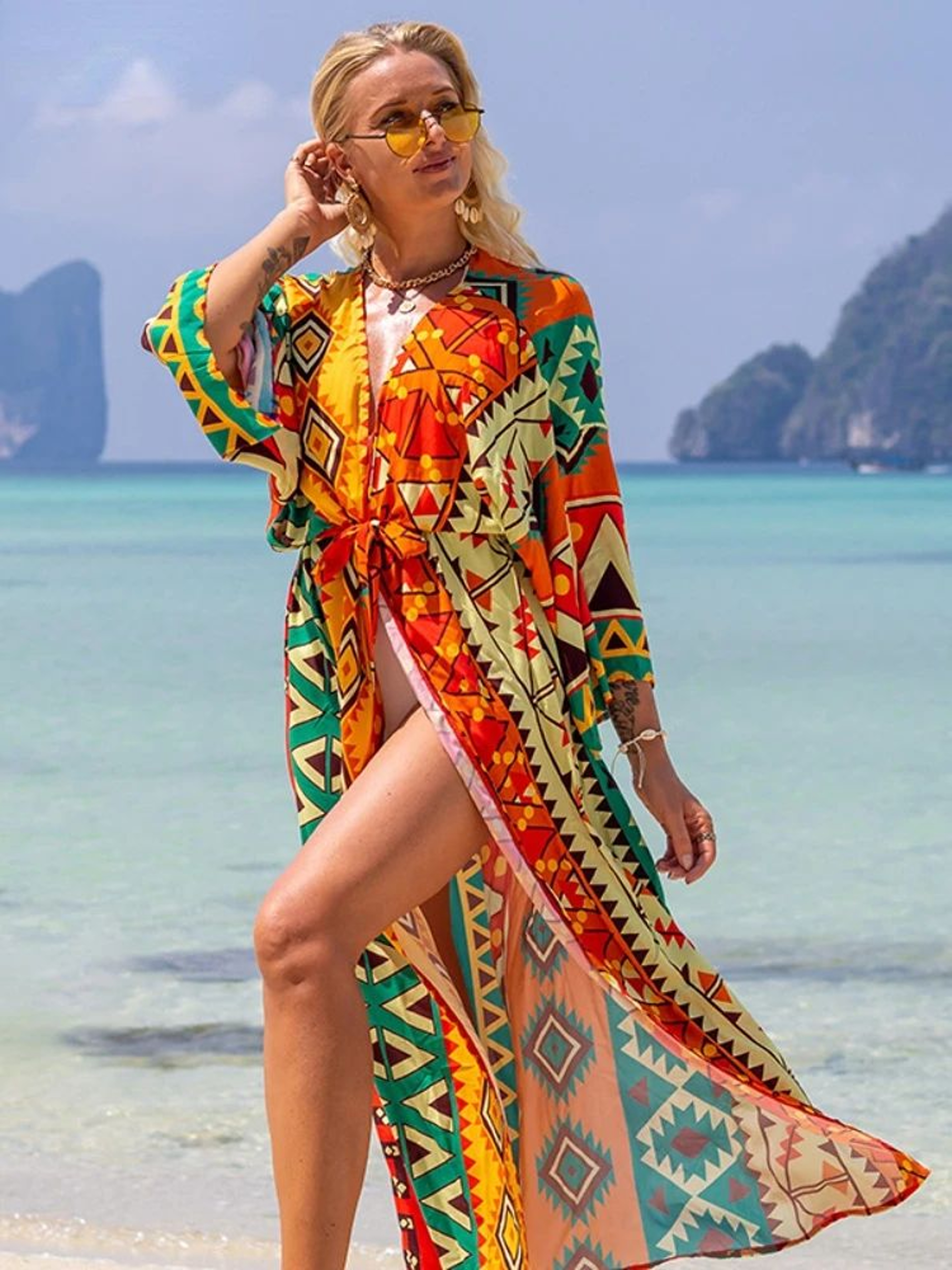 Boho Printed Long Kimono Beach Cover Up 0