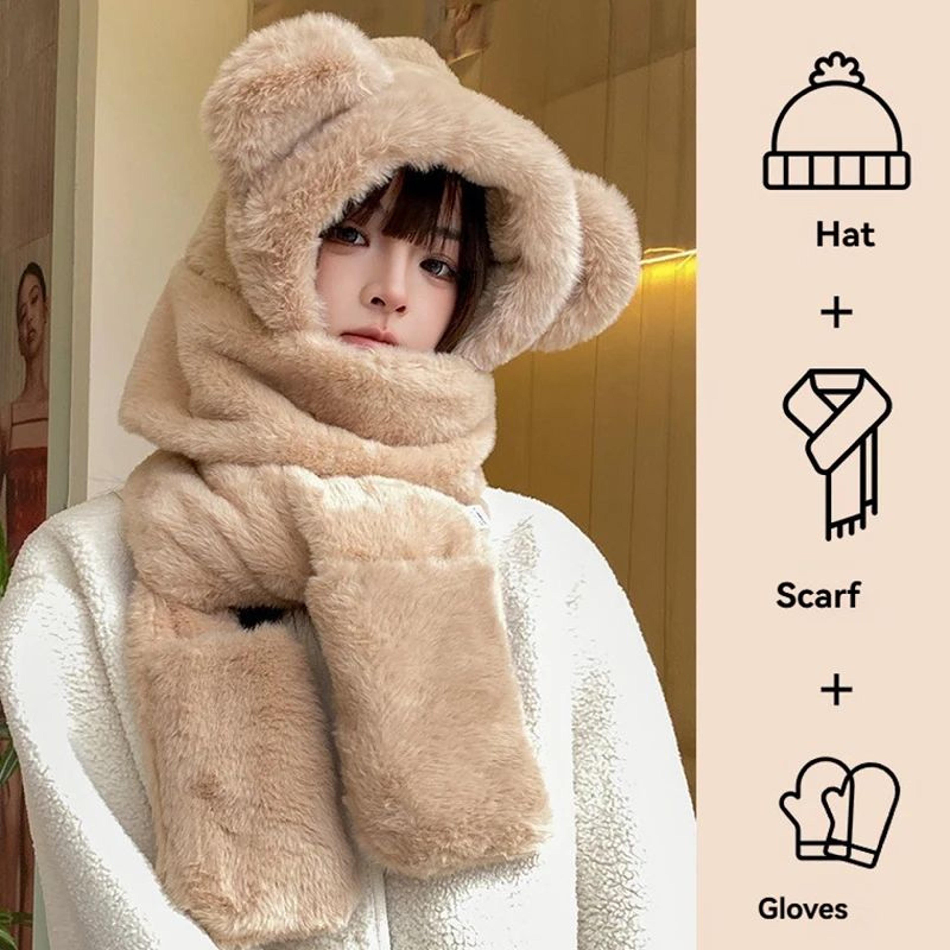 Plush Fleece 3in1 Bear Ear Hooded Cap Scarf And Gloves Set 1