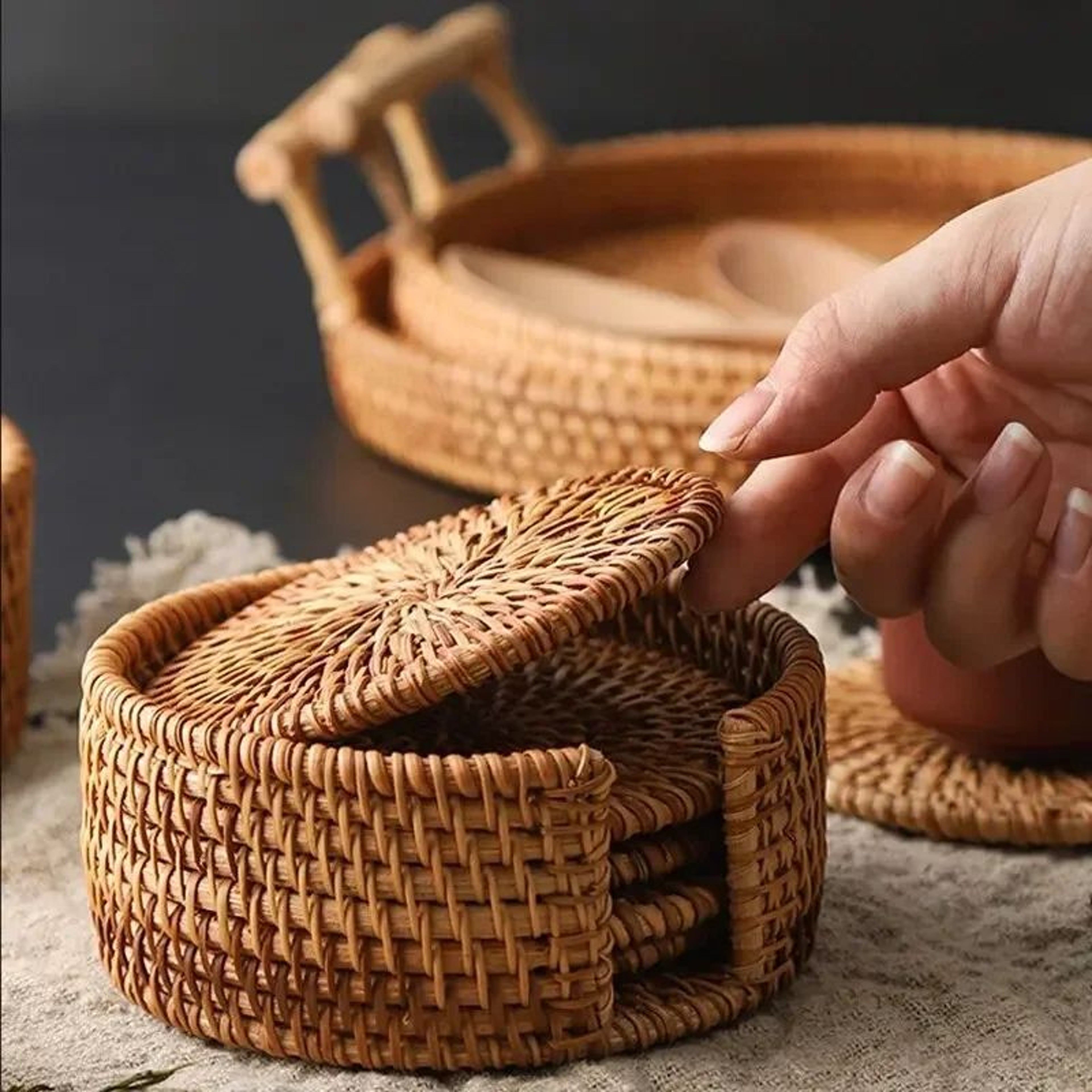 Rattan Weave Drink Coasters Set For Tea And Tableware 0