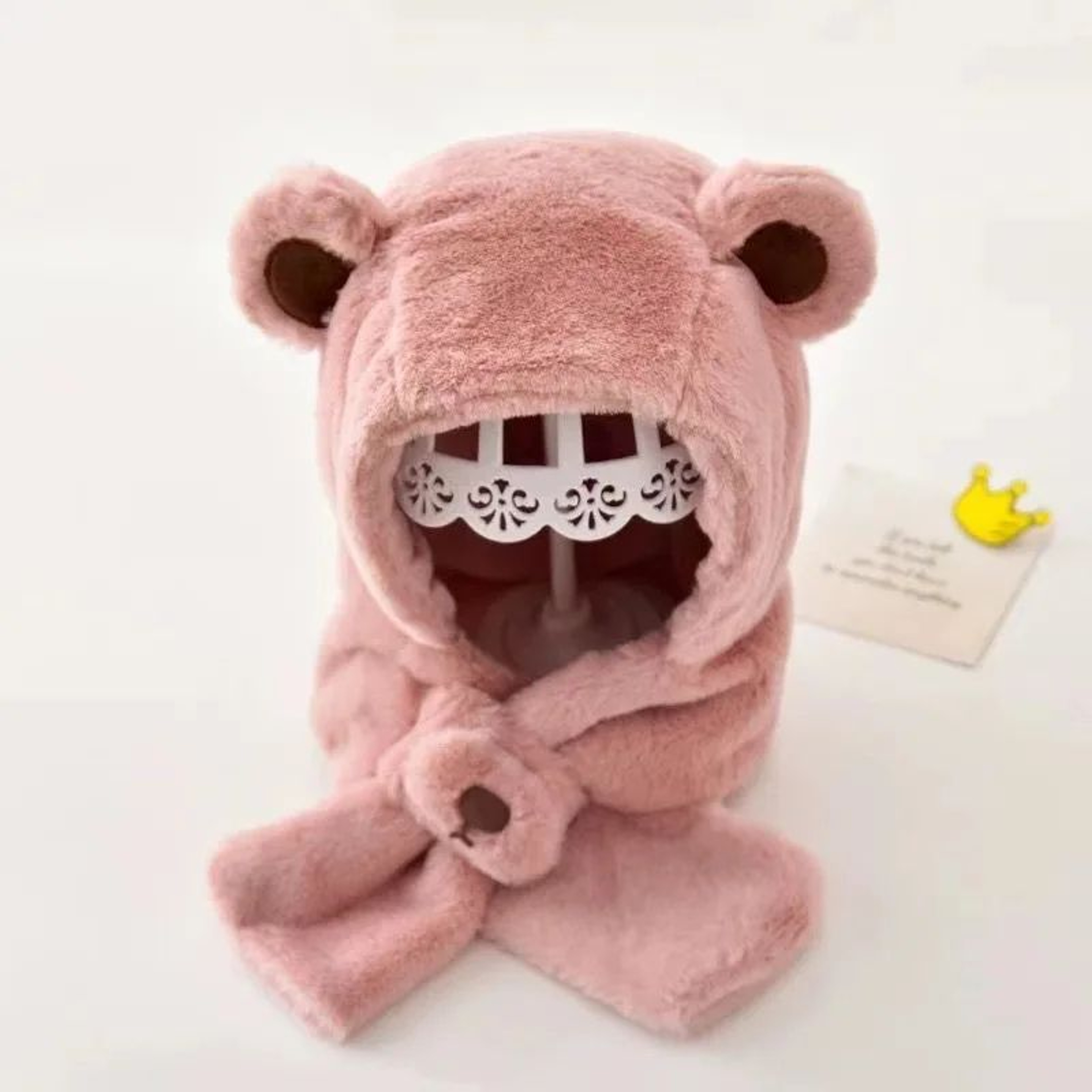 Plush Teddy Bear Winter Baby Hat With Scarf Combo 4