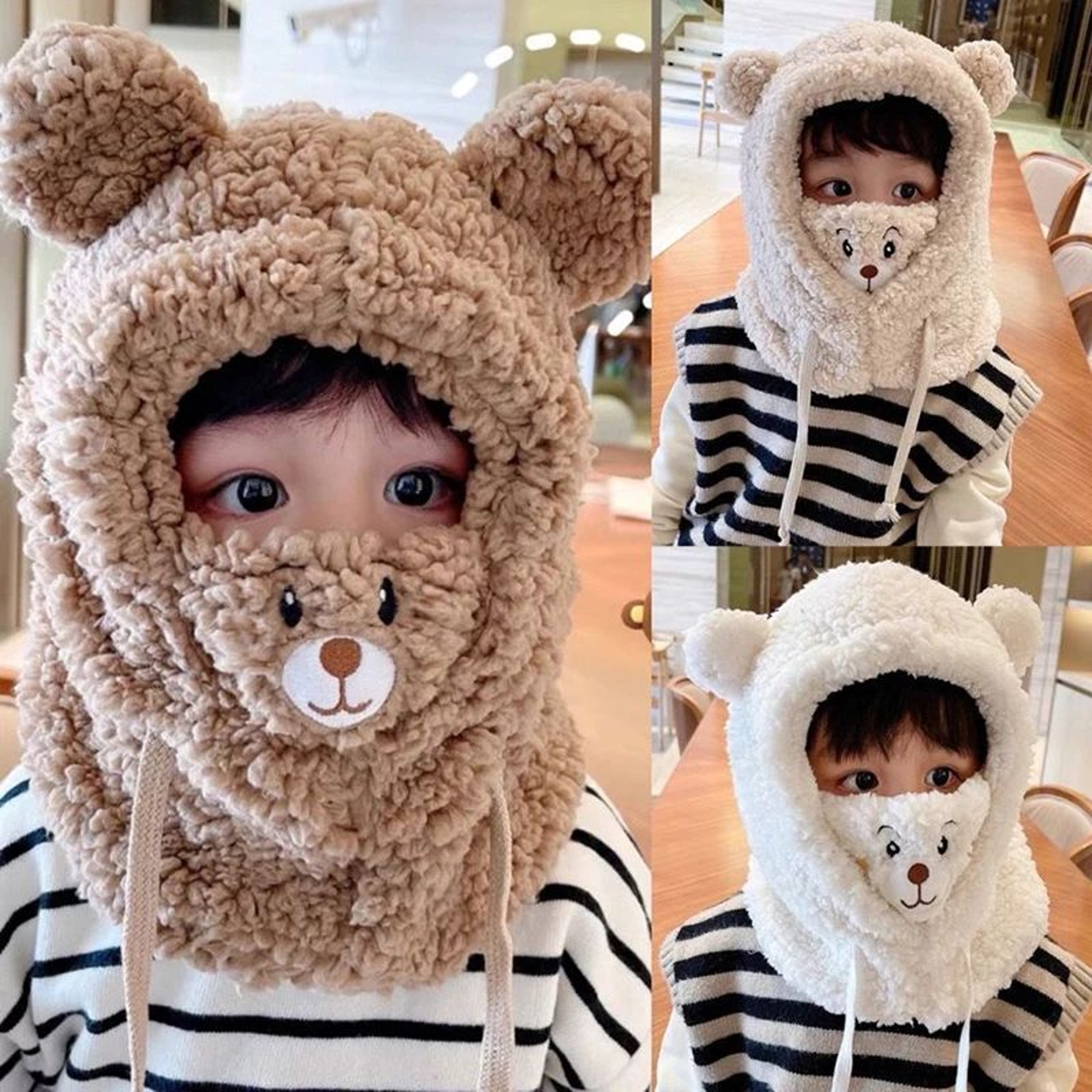 Plush Double Fleece Little Bear Winter Hat With Scarf For Kids 0