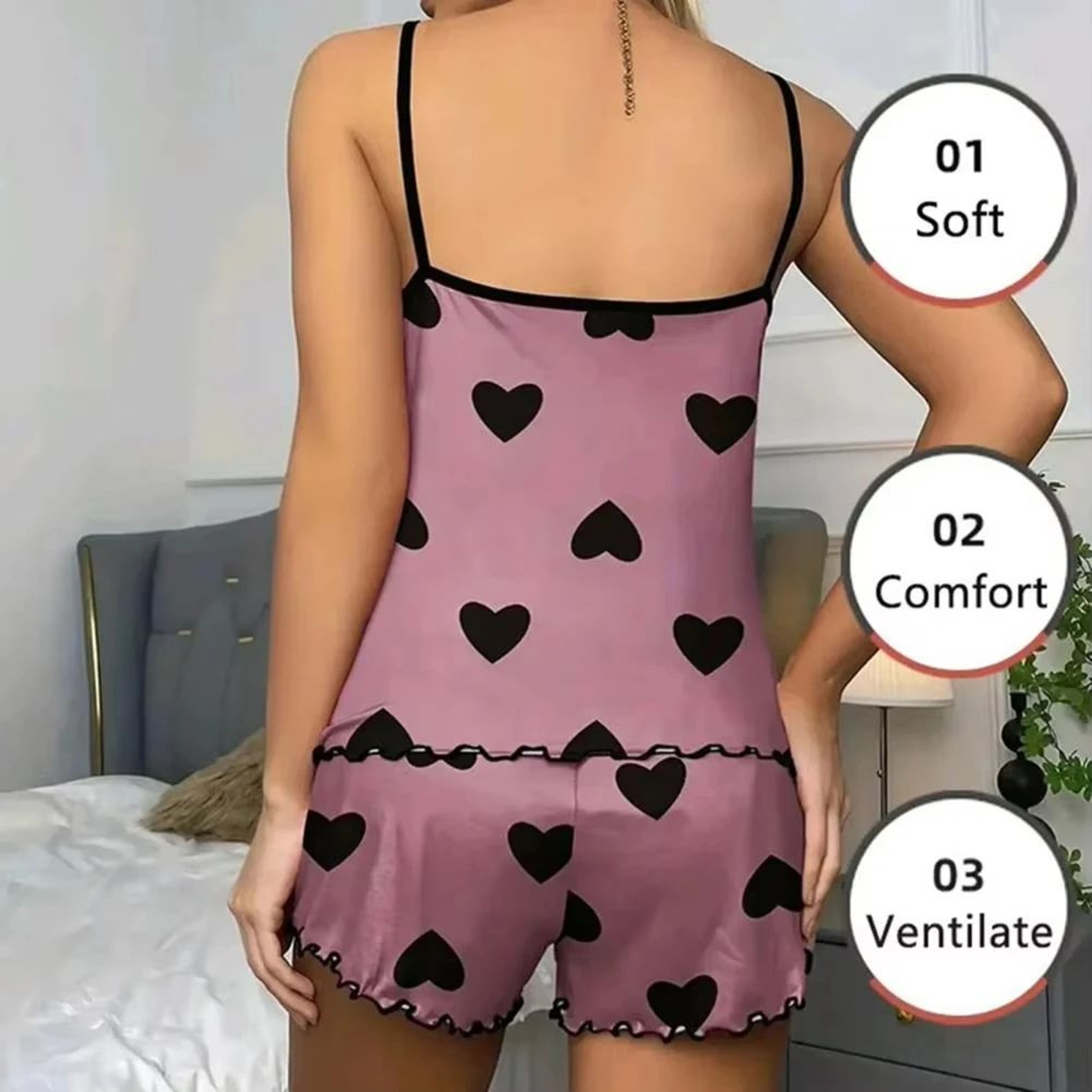 Womens Pink Heart Ice Silk Pajama Set 0