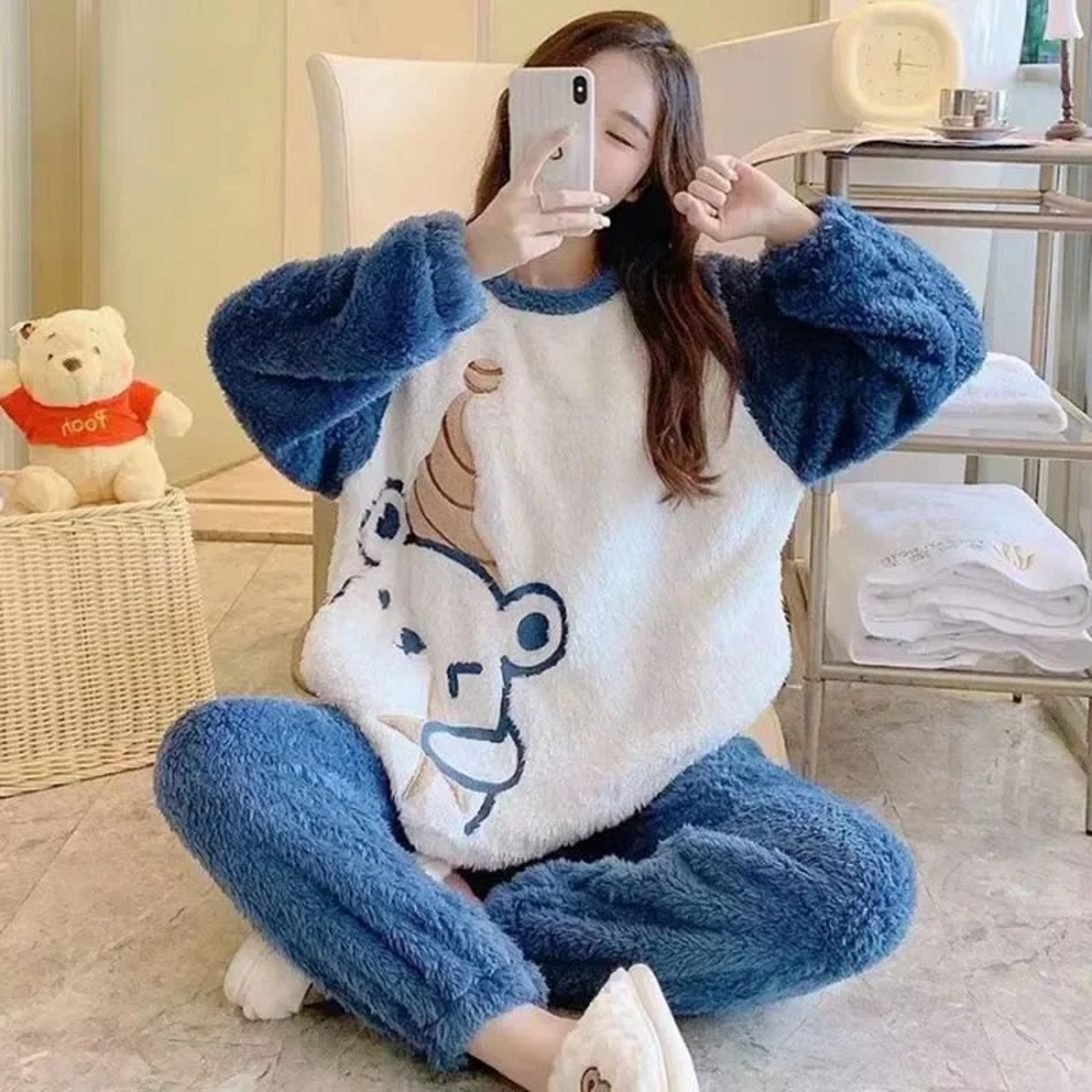 Women Winter Thick Flannel Coral Velvet Pajama Set With Cartoon Bear 0