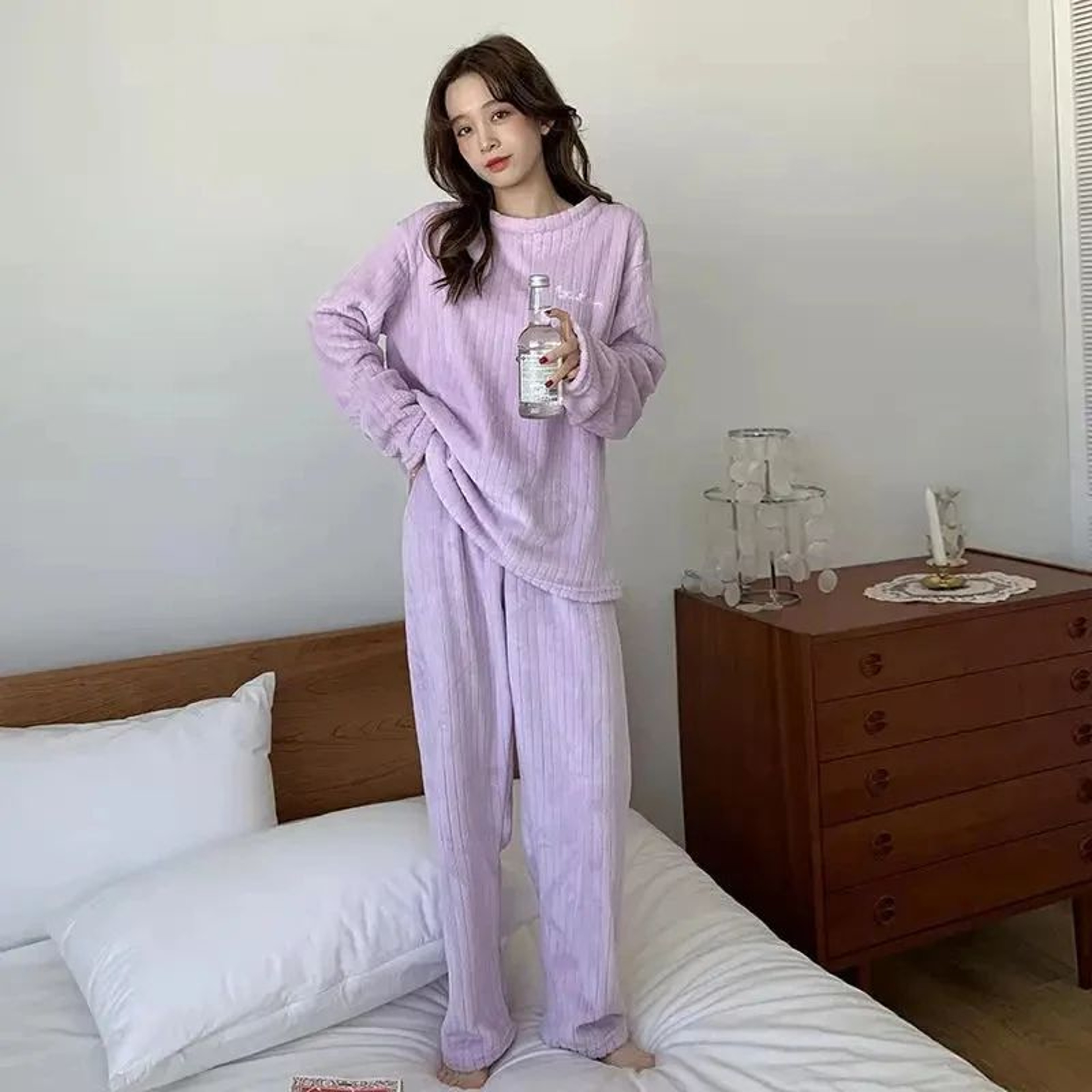 Women Winter Coral Velvet Thick Warm Pajama Set 5