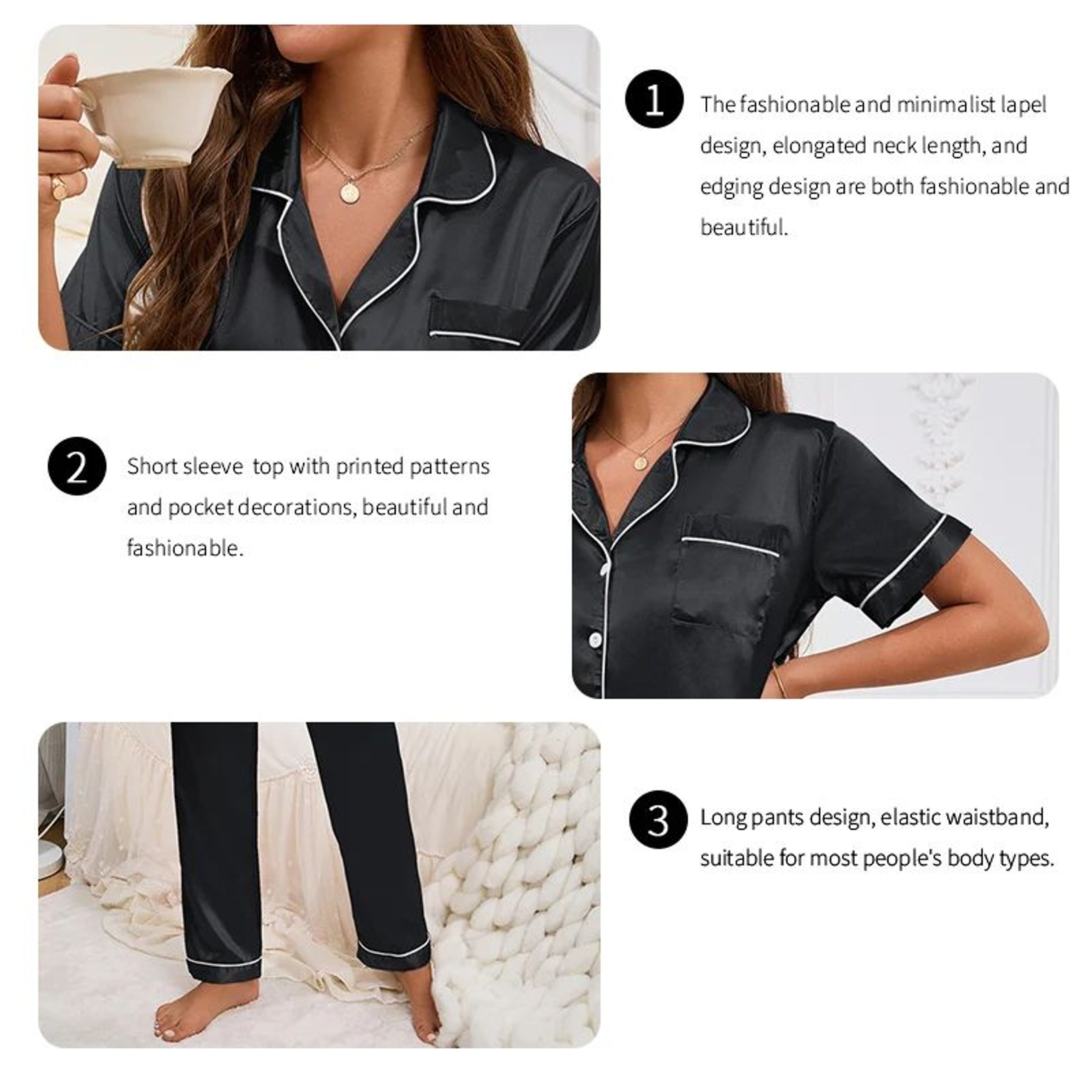 Women Short Sleeve ButtonDown Satin Pajama Set 2