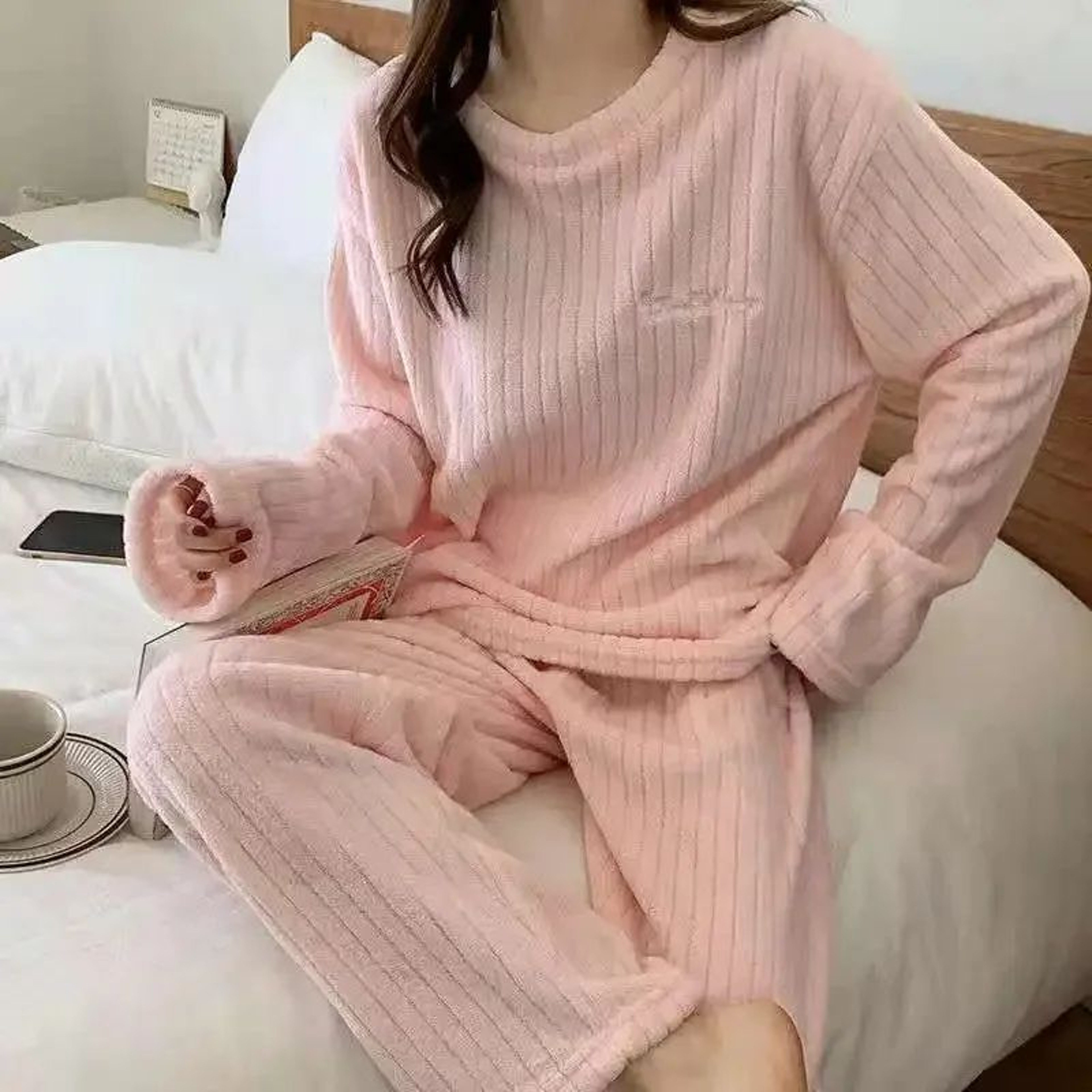Women Soft Coral Velvet Jacquard Winter Pajama Set 4