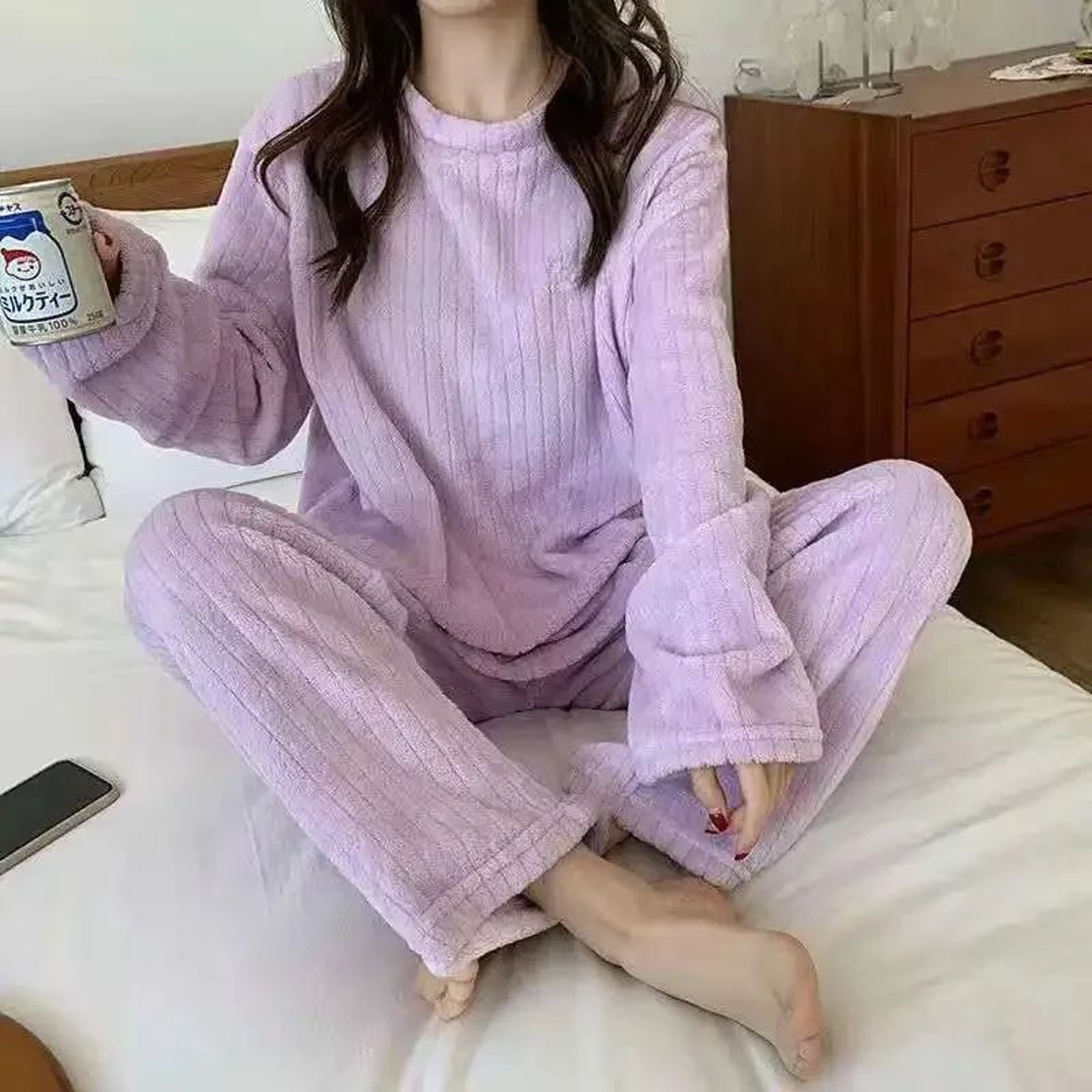 Women Soft Coral Velvet Jacquard Winter Pajama Set 8