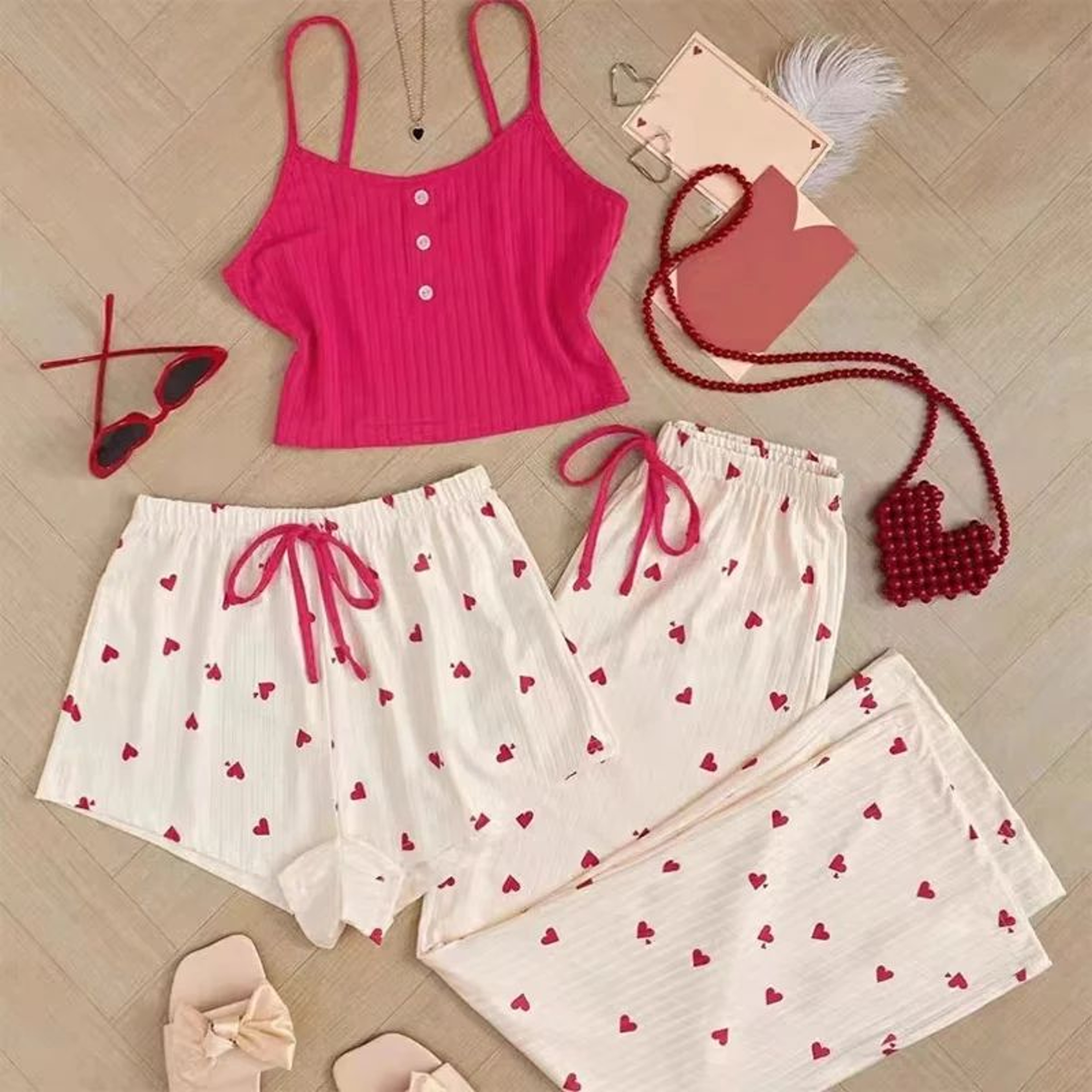 Women Three Piece Heart Print Ribbed Pajama Set 0