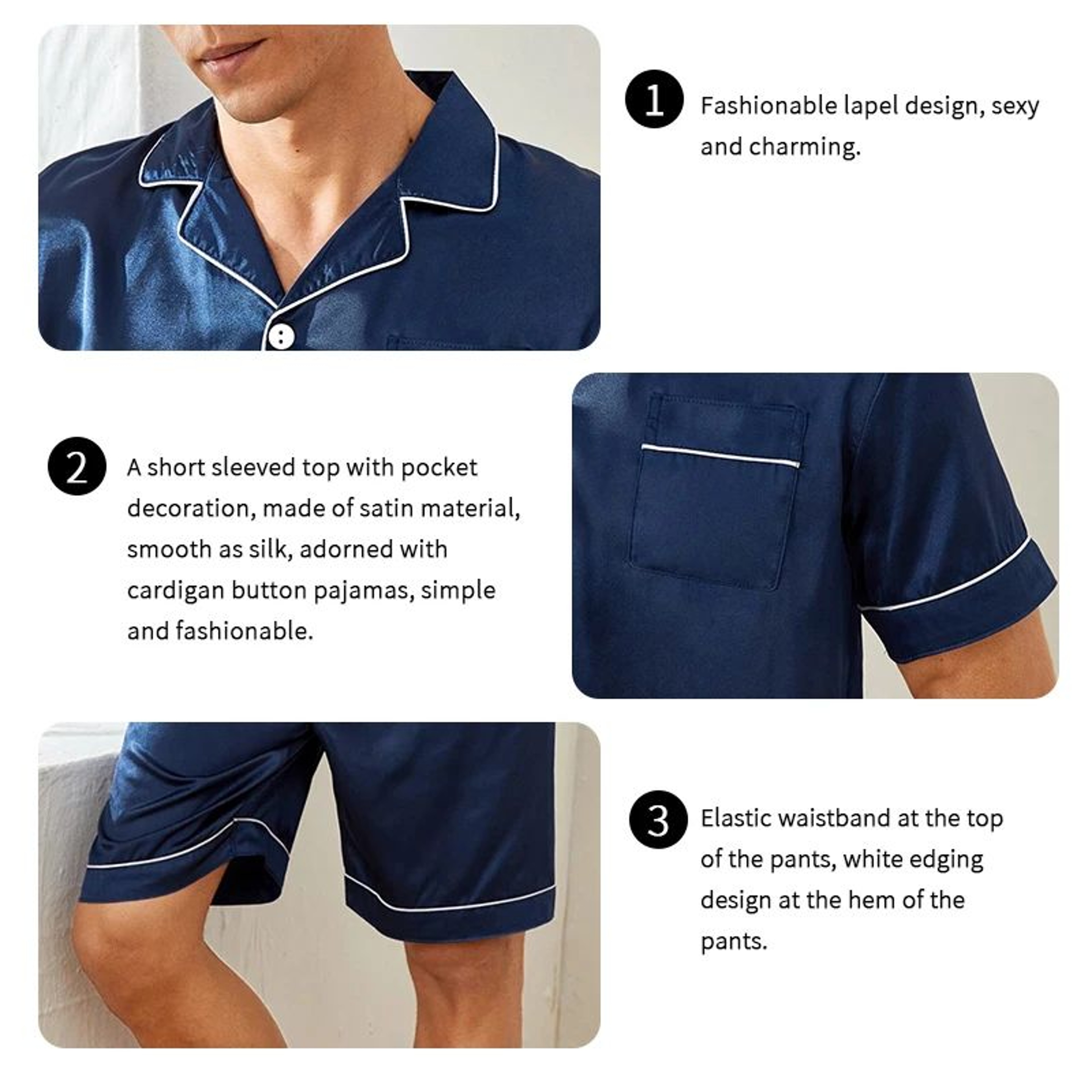 Men Summer Satin Pajama Set With Button Down Shirt And Shorts 4