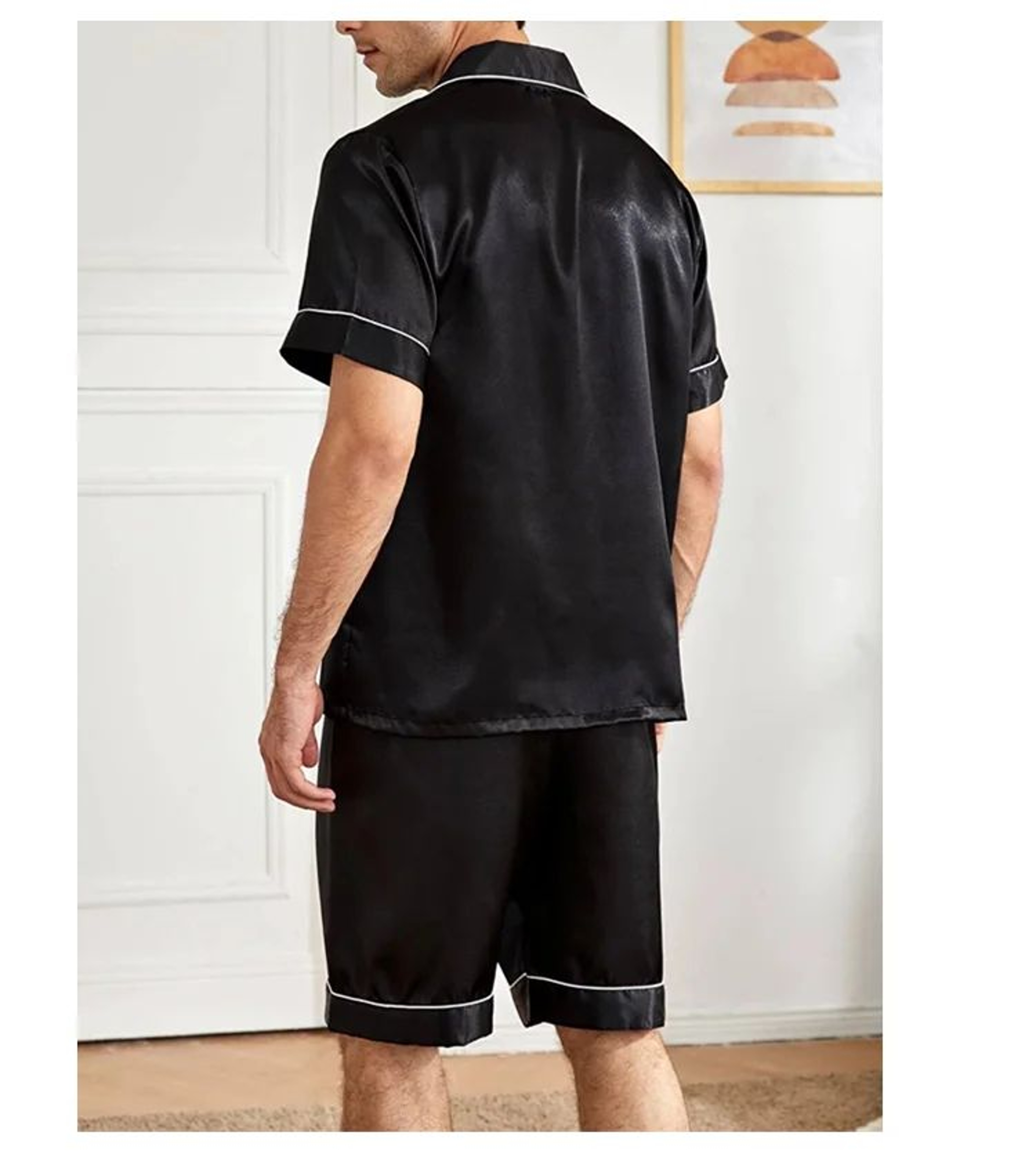 Men Summer Satin Pajama Set With Button Down Shirt And Shorts 6