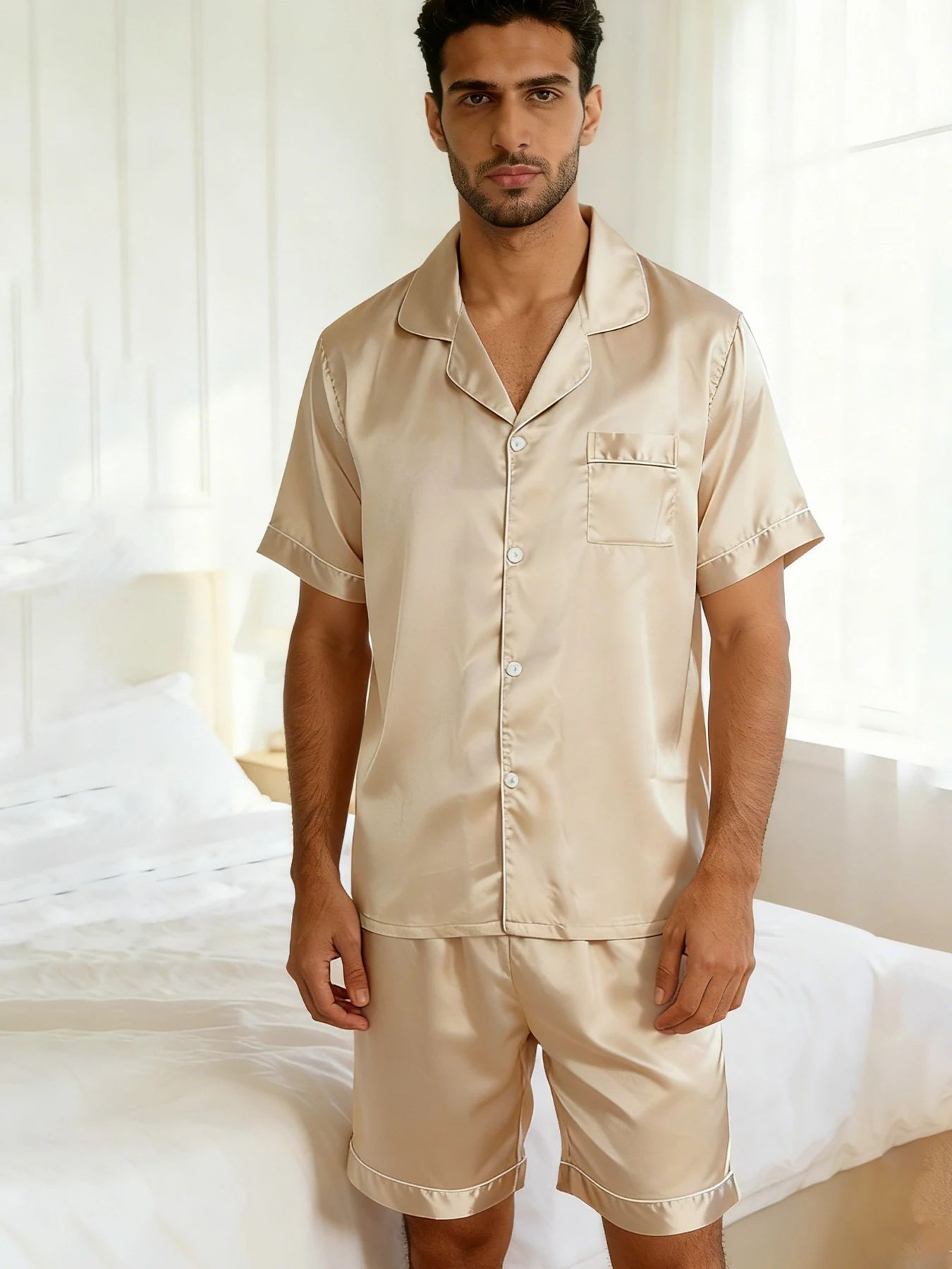 Men Summer Satin Pajama Set With Button Down Shirt And Shorts 8