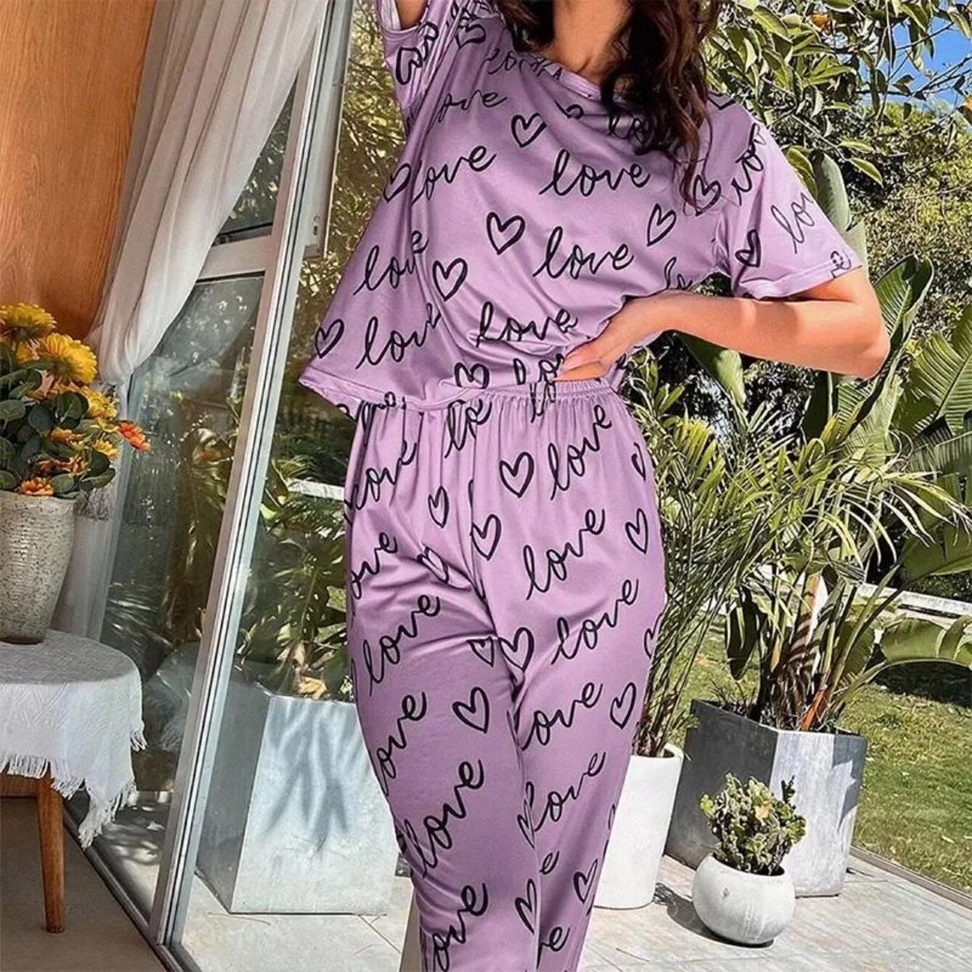 Women Dark Pink Letter Print Pajama Set With T Shirt And Pants 4