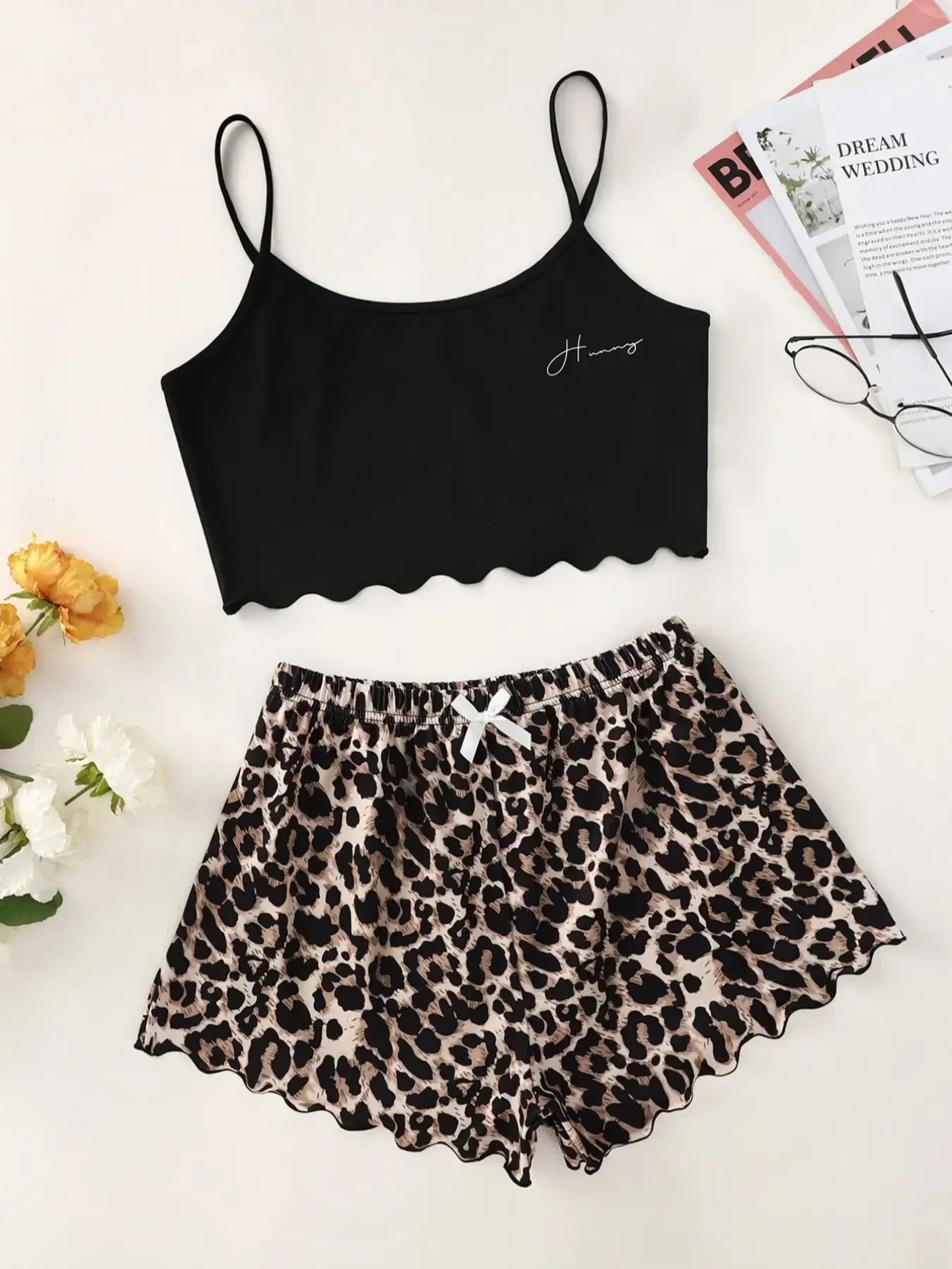 Women Leopard Print V Neck Cami And Shorts Pajama Set 5