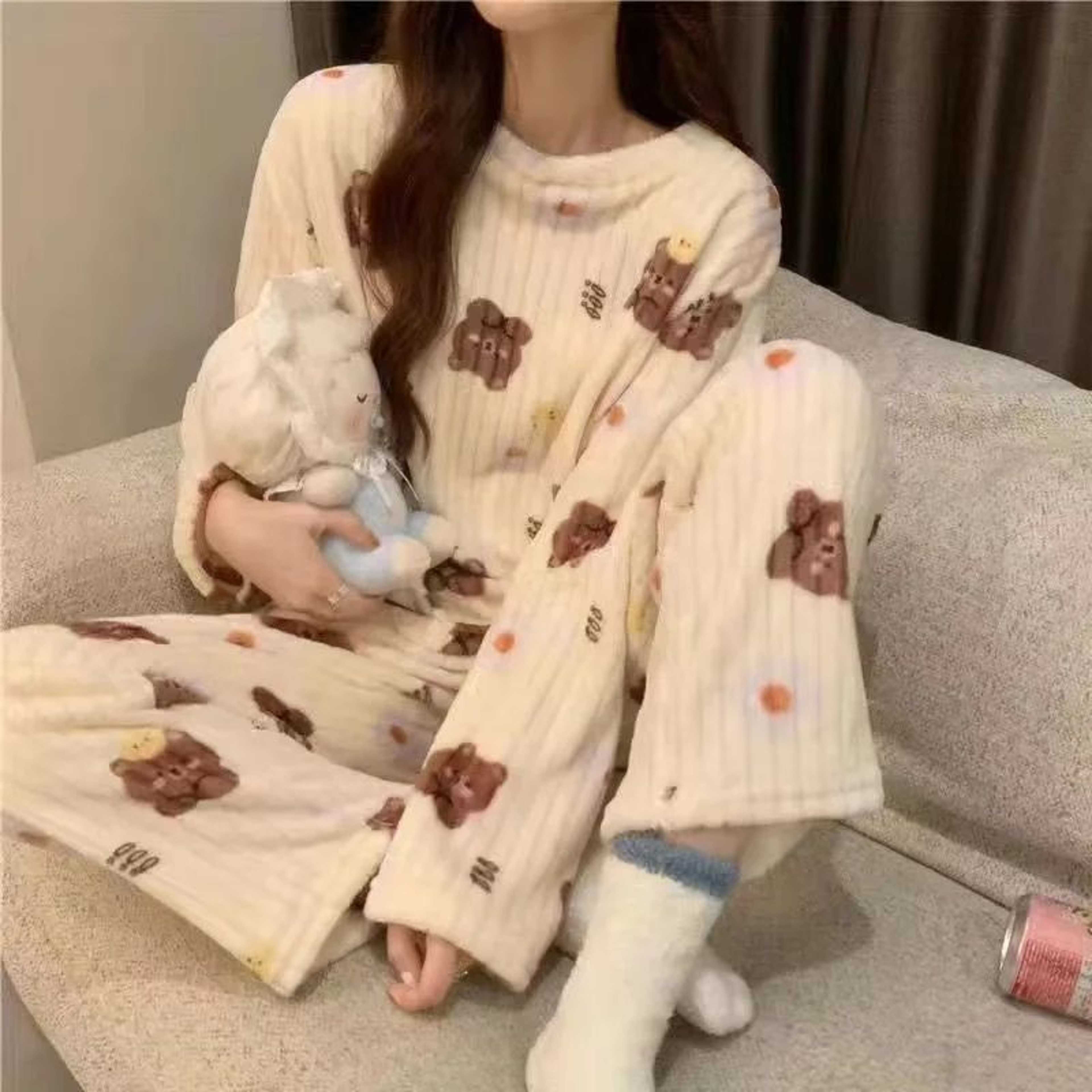 Women Winter Coral Fleece Cartoon Print Pajama Set 3