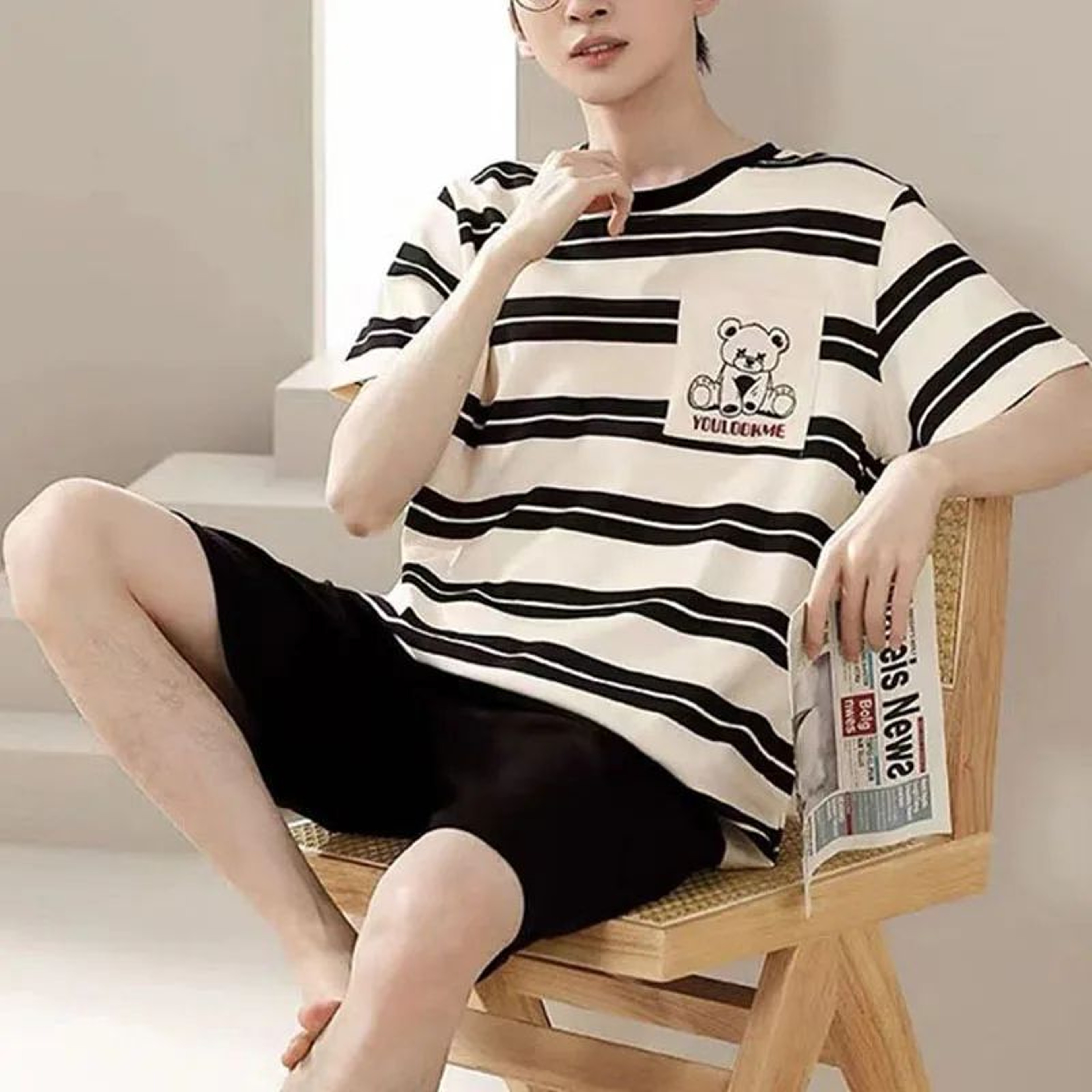Men Striped Bear Pajama Set Large Size Breathable Loungewear 0