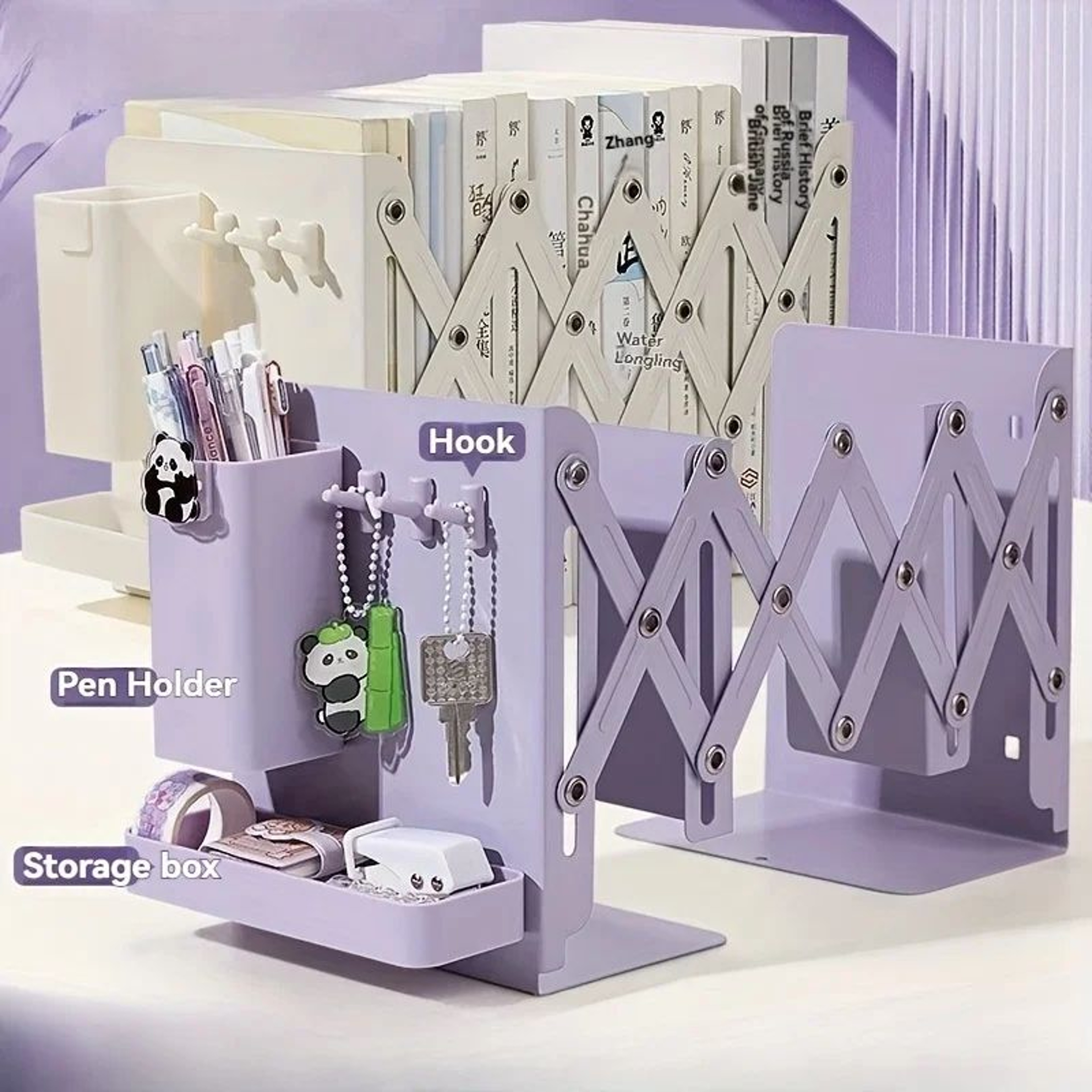 6Piece Retractable Bookends Set With Storage And Pen Holders 0