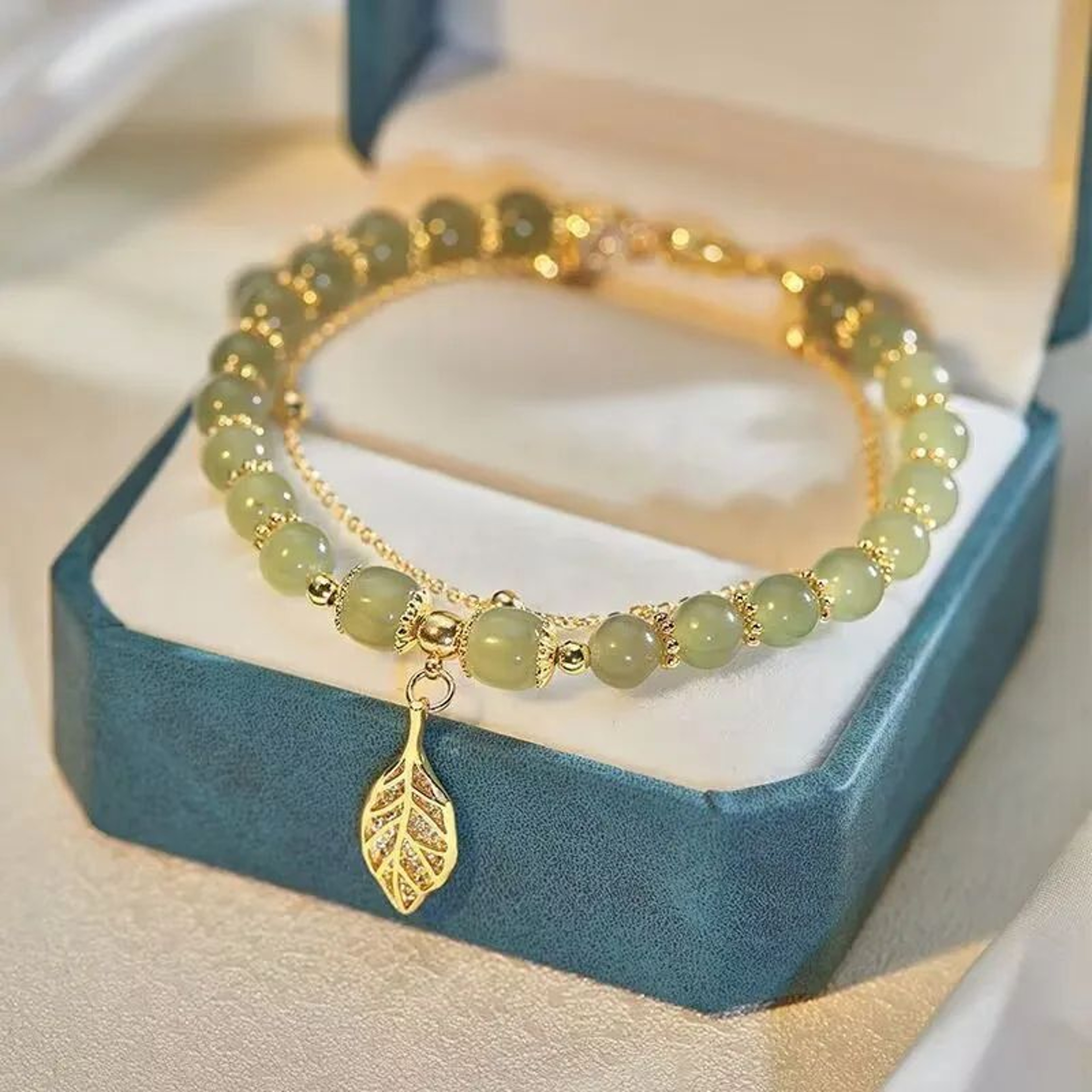 Chinese Style Green Jade Gold Leaf Double Chain Bracelet 6
