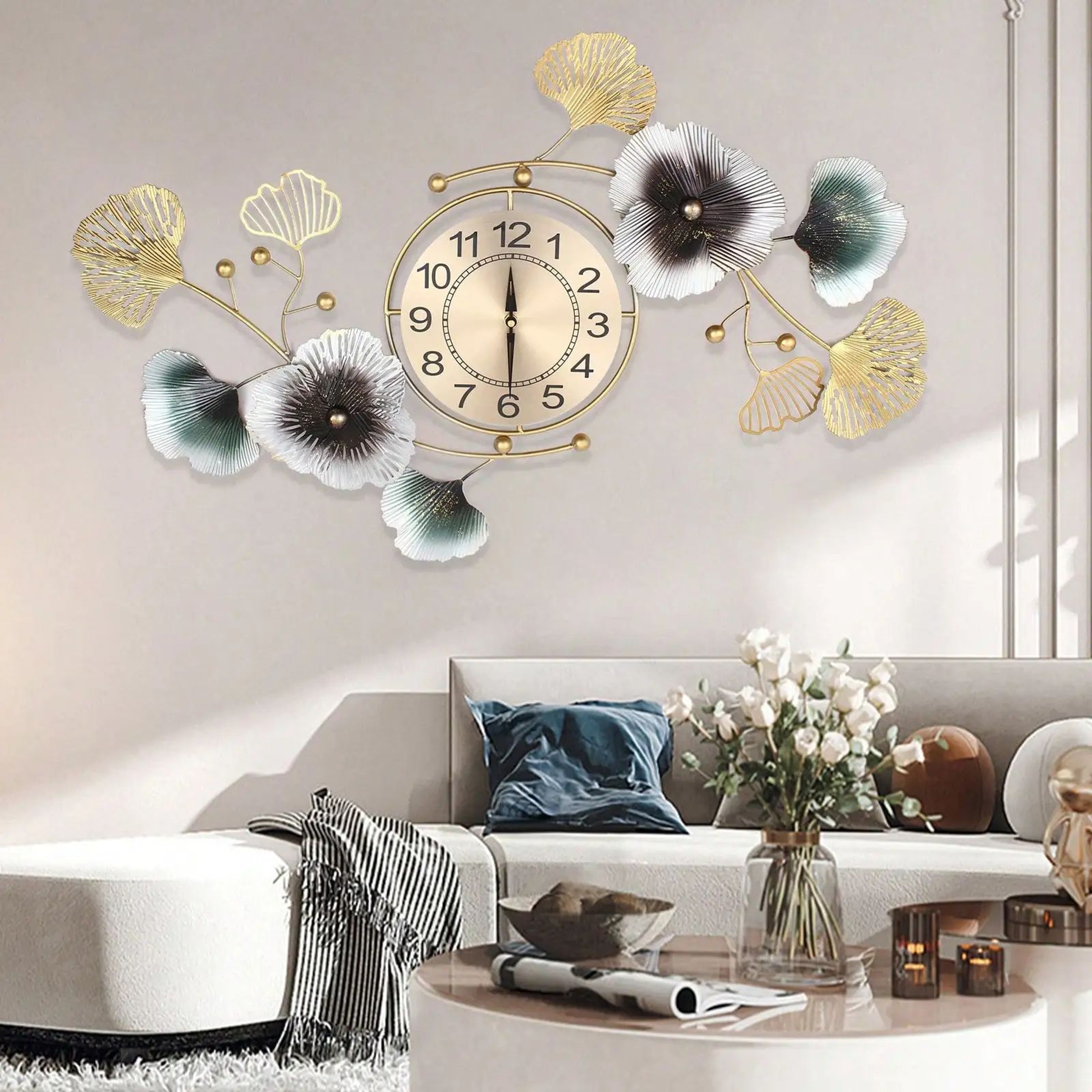 Large Luxury Ginkgo Leaf Silent Wall Clock 90x45 Cm 0