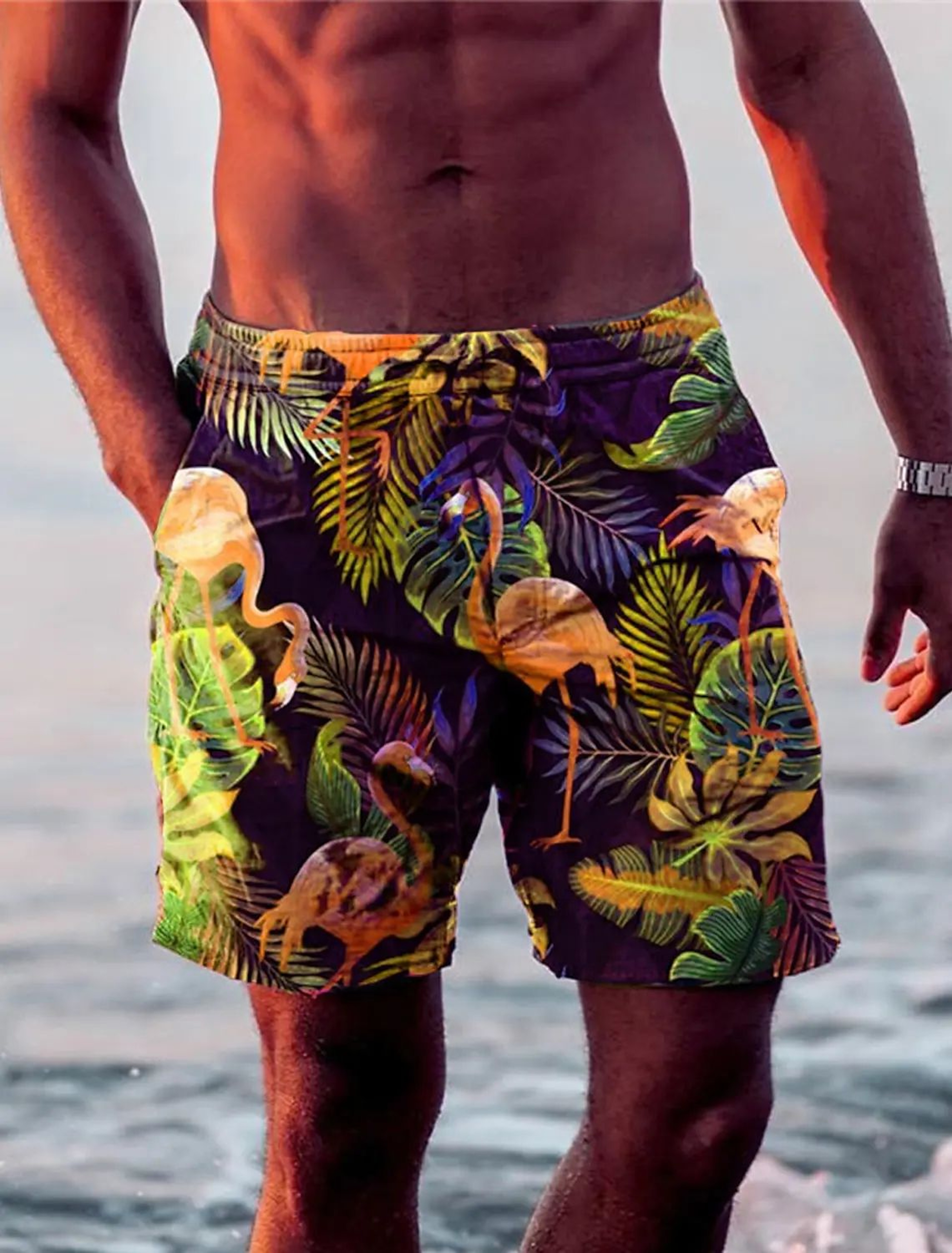 Mens Quick Dry Hawaiian Swim Shorts With Flamingo Print 2